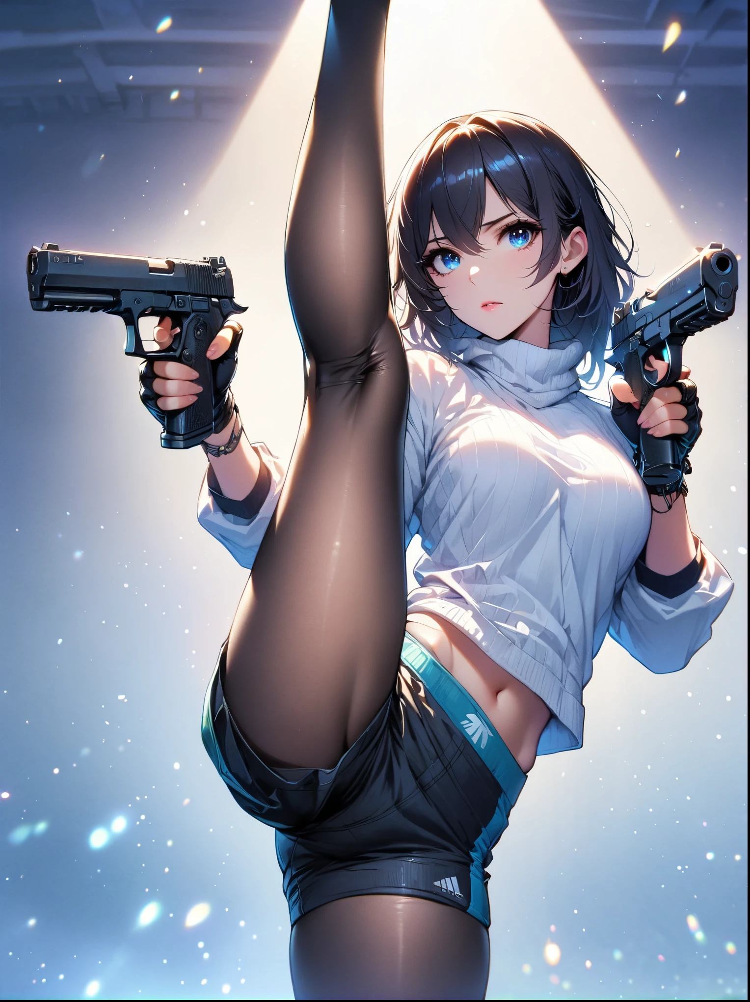 (best quality:1.2), 1 girl, standing_split, long black hair, white turtleneck sweater, sports Shorts, pantyhose, Beautiful and delicate eyes, Beautiful and delicate lips, Extremely detailed eyes and face, long eyelashes, bright colors, professional, Super detailed, actual, studio lighting, Physically based rendering，holding gun with both hands，Aim at you