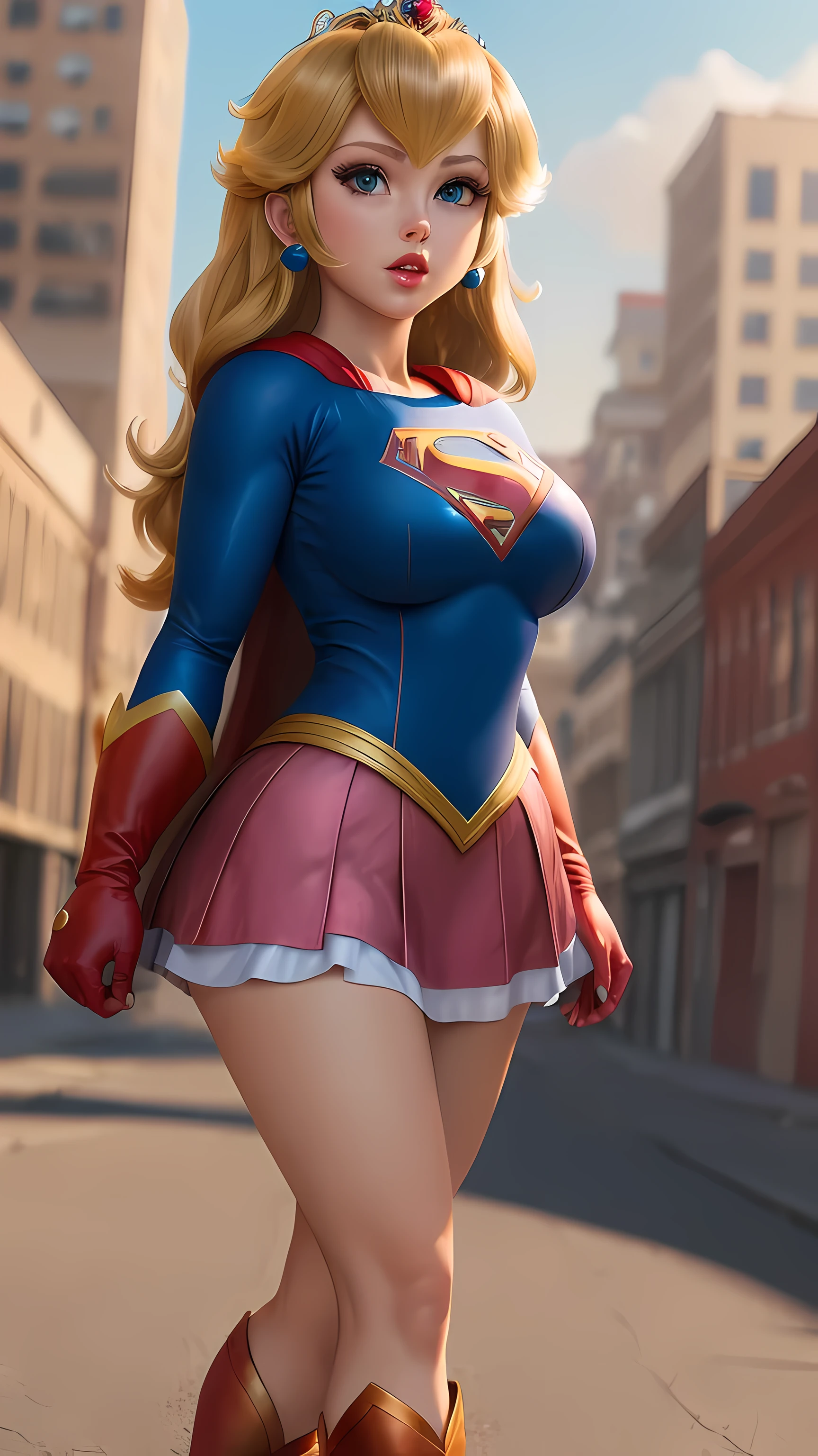 (PrincessPeach), ,supergirl outfit, (big breasts:1.4), outdoor, city landscape, full body, (realistic:1.2), (realism), (masterpiece:1.2), (best quality), (ultra detailed),(8k, 4k, intricate),, pink lips, ((glossy lips)), pursed lips, (sexy outfit), short skirt