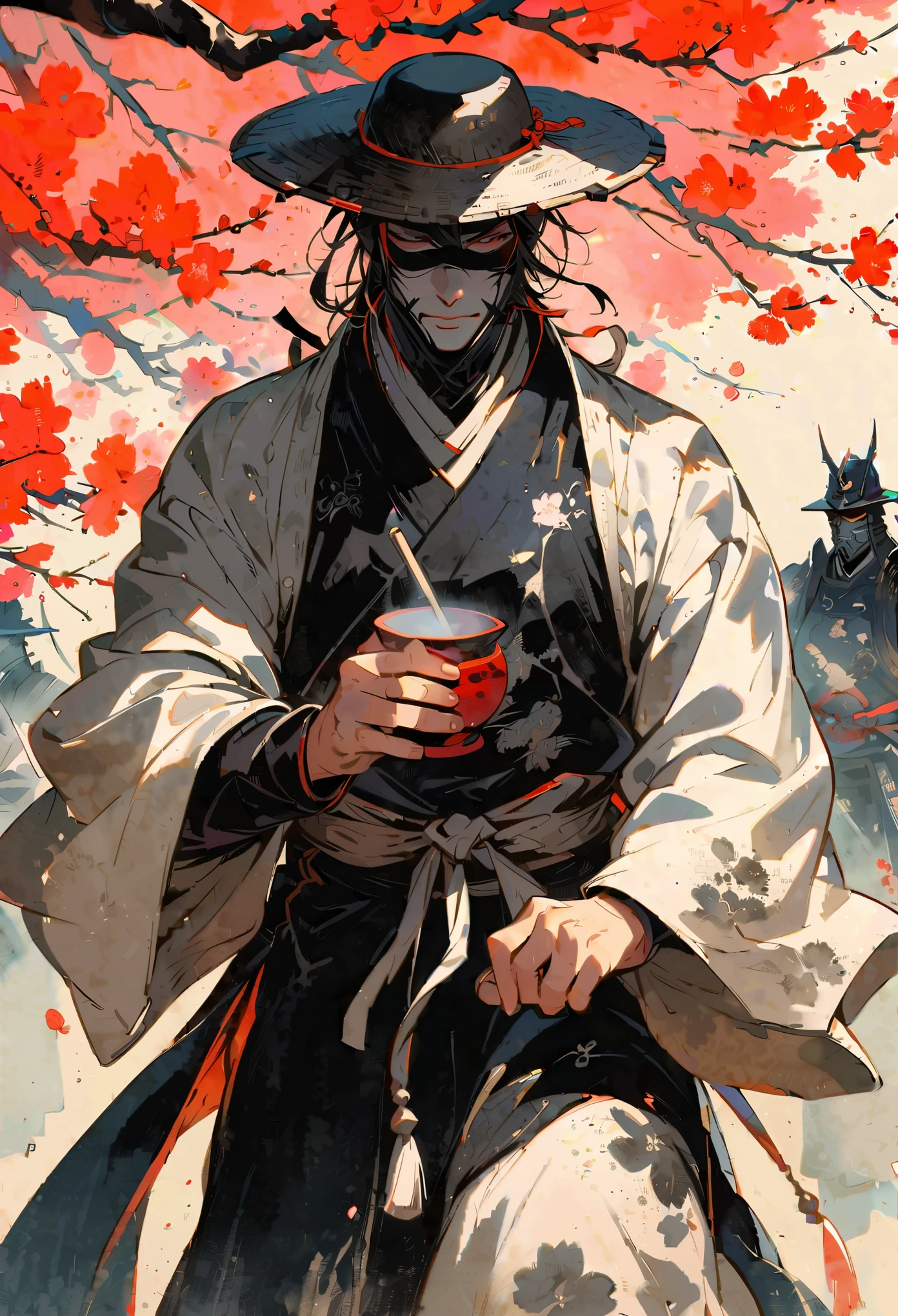 samurai blindado, vestindo chapéus de palha, estão imersos em uma cerimônia do chá sob uma cerejeira, vividamente trazido à vida em uma pintura a tinta austera. O espectro monocromático destaca com maestria as flores efêmeras e a solenidade do ritual, enfatizando a aura serena, mas imponente, dos guerreiros