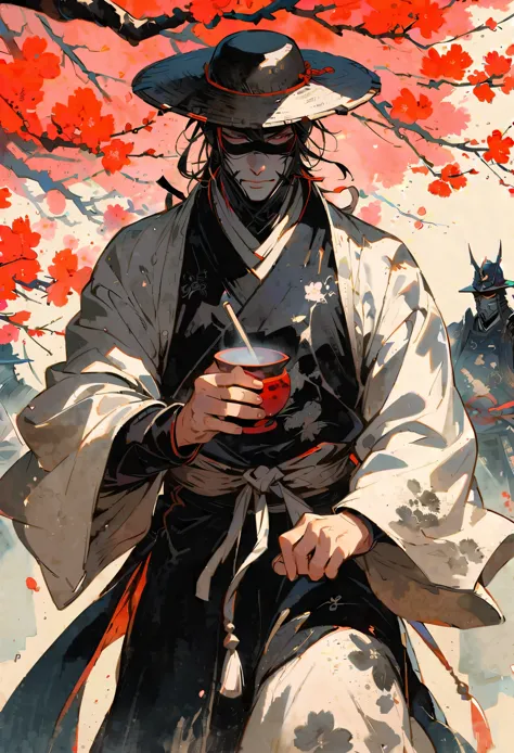 Armored samurai, donning straw hats, are immersed in a tea ceremony under a cherry blossom tree, vividly brought to life in a st...