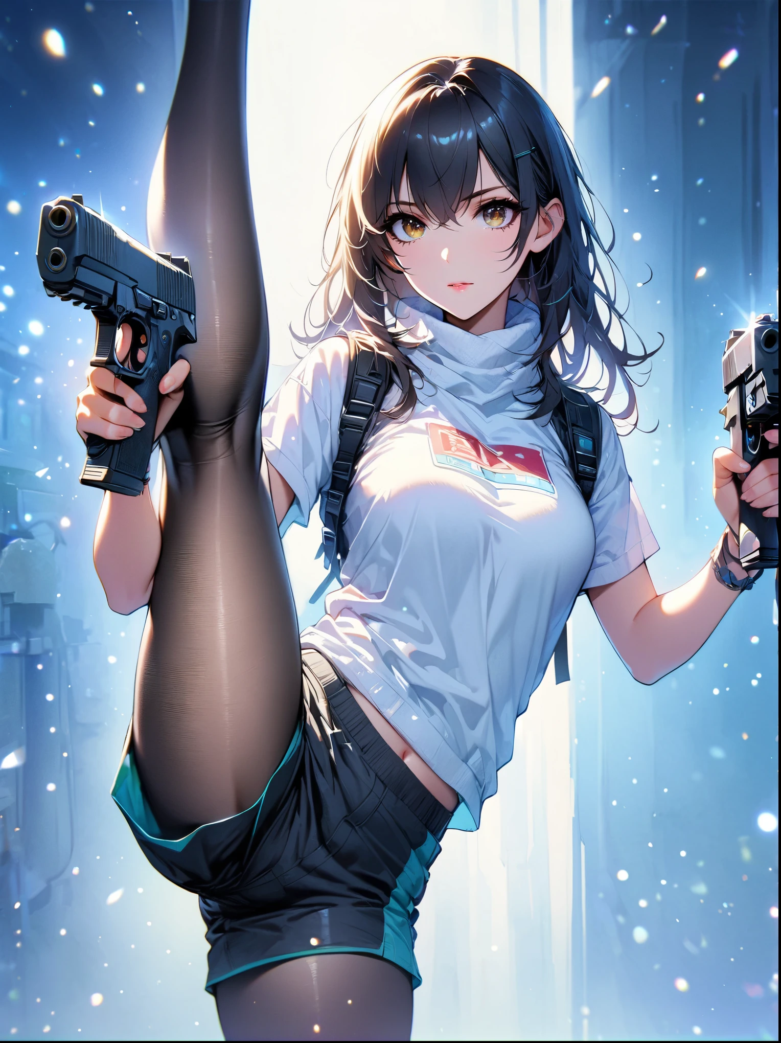 (best quality:1.2), 1 girl, standing_split, long black hair, white turtleneck sweater, sports Shorts, pantyhose, Beautiful and delicate eyes, Beautiful and delicate lips, Extremely detailed eyes and face, long eyelashes, bright colors, professional, Super detailed, actual, studio lighting, Physically based rendering，holding gun with both hands，Aim at you