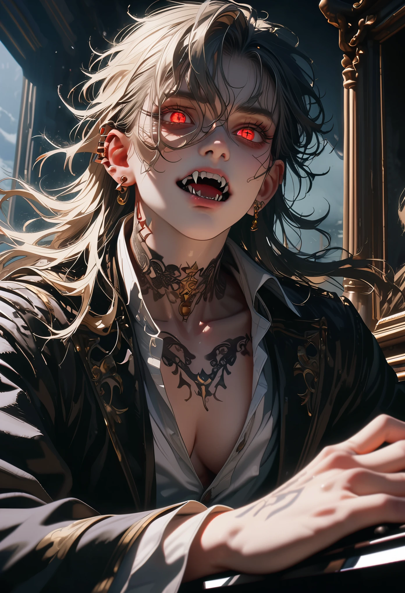 (8K, RAW photos, Best quality, tmasterpiece: 1.4))), (((The man who plays the piano)))，ultra high resolution, ultra - detailed, lamplight, Close-up cleavage, Handsome men, red eyes, (detailed eyes, The eyes are bright:1.2), Black medium long hair, Vampires, pale-skinned, ear piercings, Dark, Blackn clothes, Meticulous clothes, gold accessories on clothes, Sharp fangs, (perfect anatomia:1.2), Highqualityshadow, natural lightting, (White highlights:1.2), natta, overcast day, (neck tattoos:1.2), (starrysky:1.2)