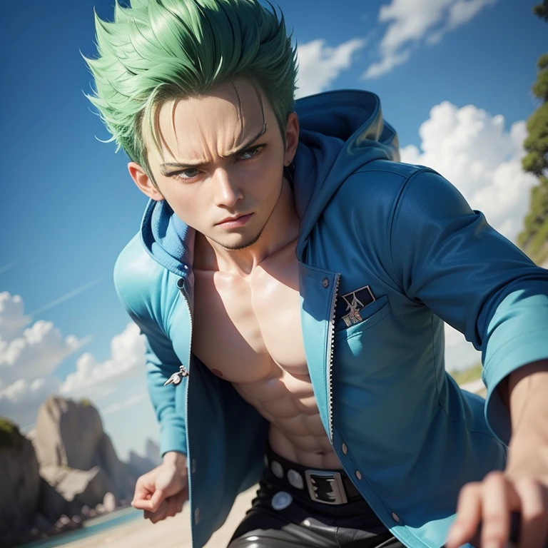 Roronoa Zoro, chibi one piece,Blue Costume、blue awakening,blue aura,