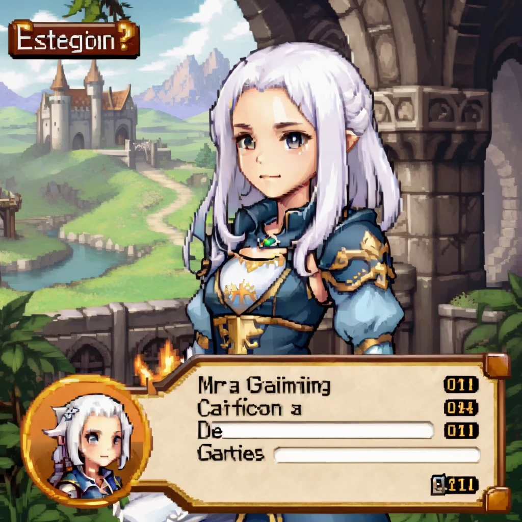 For gaming style images, Create an RPG game scene，Has detailed dialog box with character portrait. Scenes are vivid and immersive, Typical fantasy role-playing game, with lush, Mysterious landscape in the background. Portraits of people stand out, Place next to the dialog box，to facilitate character recognition. The portrait shows an expressive figure, Wear clothing appropriate to the fantasy theme of the game. The style of the dialog box is gorgeous, medieval font, Enhance RPG feel, it contains fascinating, story driven text，Suggests an epic task or important decision.,  cute girl, Special clothing, white hair