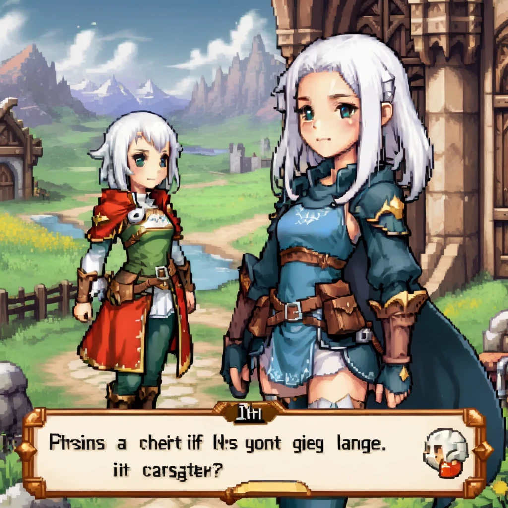 For gaming style images, Create an RPG game scene，Has detailed dialog box with character portrait. Scenes are vivid and immersive, Typical fantasy role-playing game, with lush, Mysterious landscape in the background. Portraits of people stand out, Place next to the dialog box，to facilitate character recognition. The portrait shows an expressive figure, Wear clothing appropriate to the fantasy theme of the game. The style of the dialog box is gorgeous, medieval font, Enhance RPG feel, it contains fascinating, story driven text，Suggests an epic task or important decision.,  cute girl, Special clothing, white hair