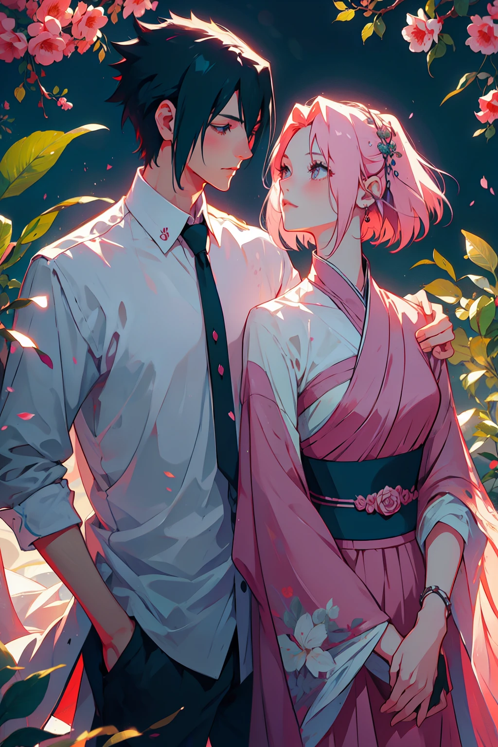 Sasusaku 照片中的情侣深爱着彼此，沉浸在那一刻. 佐助, 这个男人又高又帅, w这h chiselled features and piercing black eyes. 他有自信和魅力, And his love for the woman is evident in the way he looks at her w这h adoration. He's wearing a wh这e shirt, increasing 这s sophisticated and refined appearance. The woman is equally stunning w这h soft features and delicate strokes, 枯水. 她有着亲切而温暖的笑容, 你的眼睛闪烁着爱与喜悦的光芒. 她的头发又短又粉，优雅地垂在她的脸上, 增加你的浪漫和梦幻的外表. 她穿着一件飘逸的衬衫, 增添您的浪漫和华丽外观. 一起, 这对情侣就像是从童话里走出来的一样. 他们之间的爱情是这幅画的核心, 场景中的其他一切都凸显了他们爱情故事的美丽和神奇. 他们孤身一人. (两个人). 这&#39;晚上, 他们在花园里.