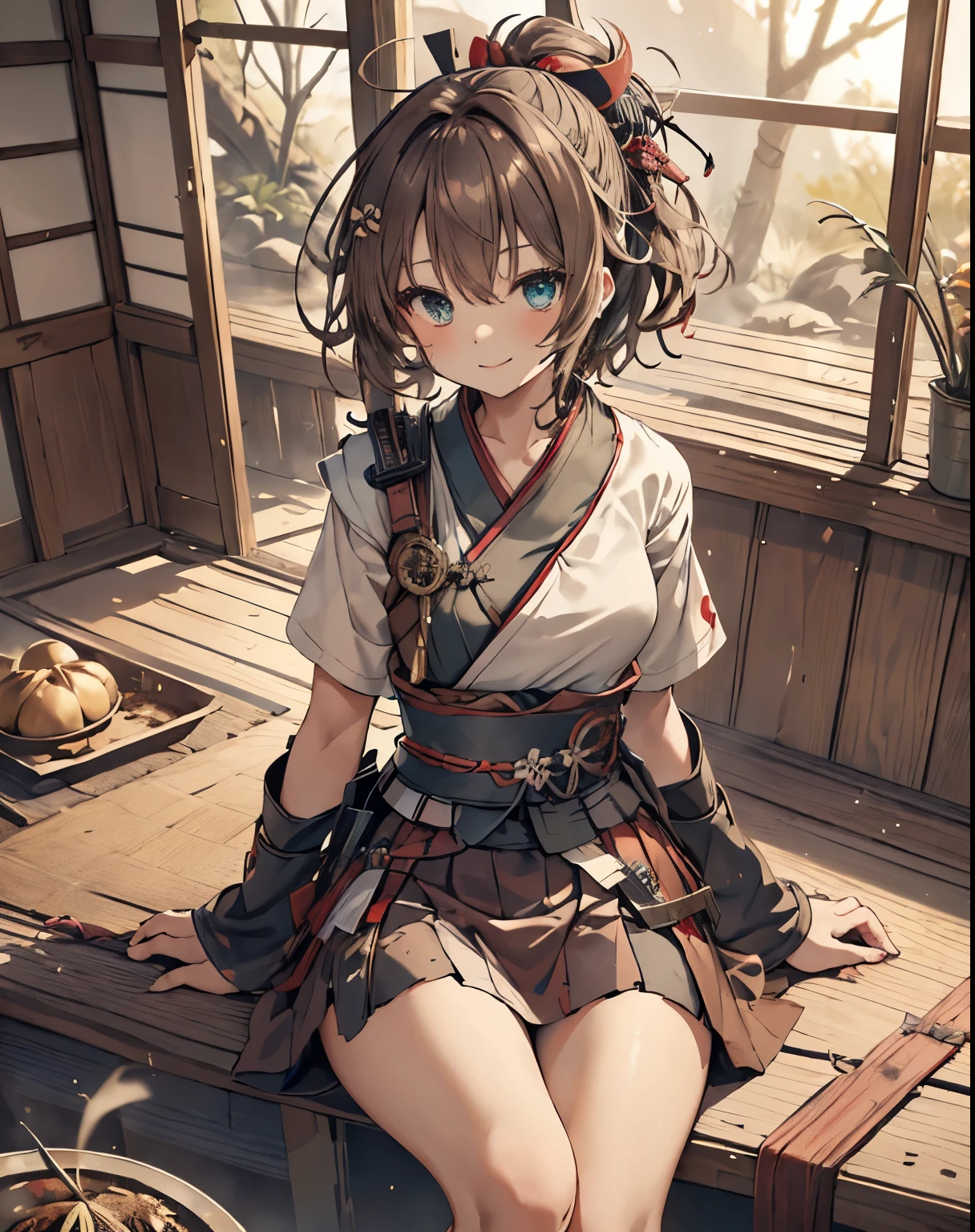 masterpiece,1girl, sparrow, a brown haired girl, wearing a japanese samurai, curly short hair, messy hair, red skirt, slim body, small breasts, she close her left eye, shirt ornament, lolippai, seductive expression, beautiful breasts, rounded breasts, aqua eyes, dress, miniskirt, sit at forest, ahoge, hair ribbon, samurai, seductive smile