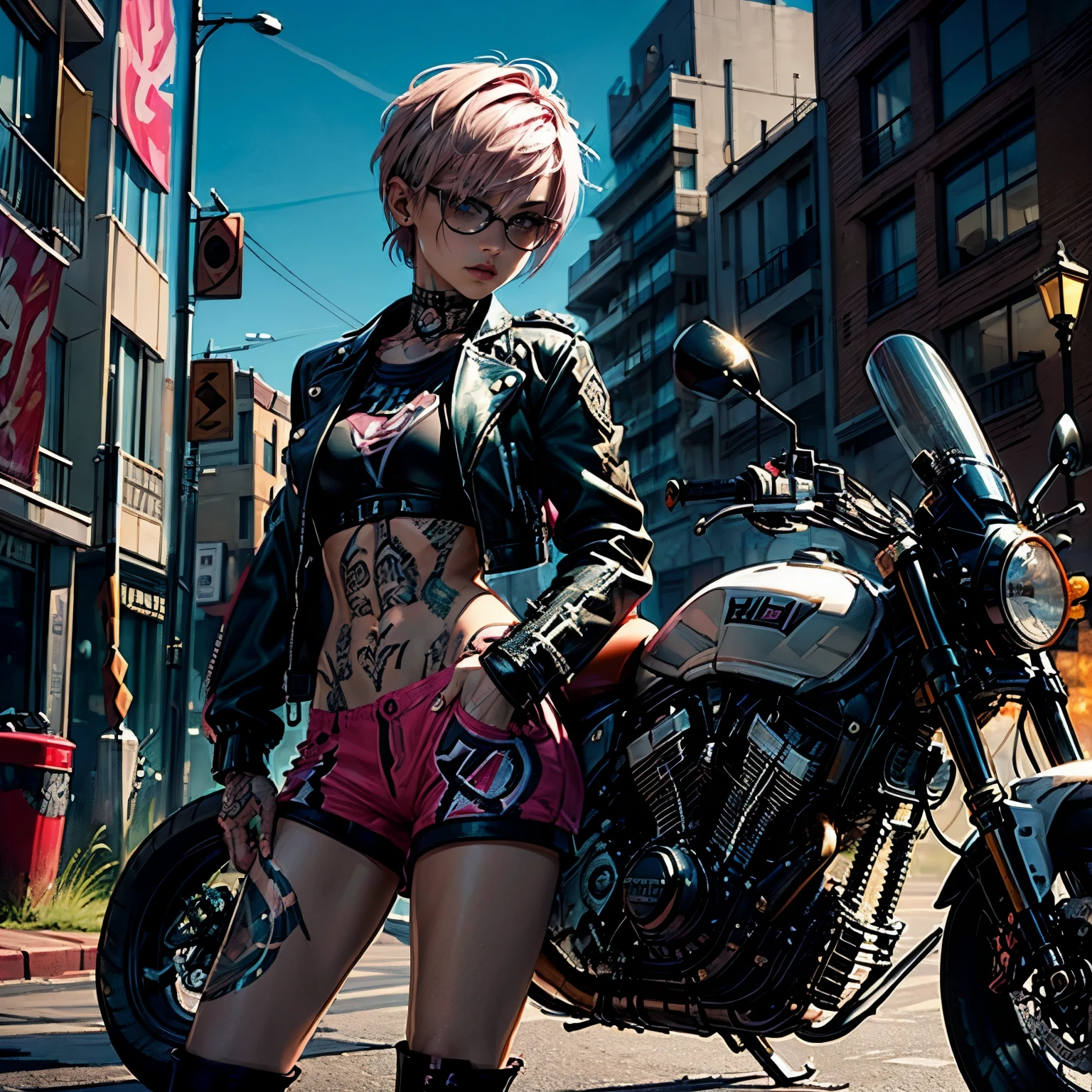 (((top quality: 1.4))),(A masterpiece like no other in history), (ultra high resolution),(Ultra-realistic 8k CG), official art、standing in front of a motorcycle, (((adult body))), (((1 girl))), ((( bob short hair ))), punk girl with perfect body, jacket with metal spine,Beautiful and well-shaped face,See here,elaborate punk fashion,leather jacket, (Image from head to thighs),((Pink bob short hair )), ((small leather micro sling bikini:1.0)), Simon Bisley&#39;s urban and brutal style,Detailed street background of London,beautiful abs, Complex graphics, (( Lots of poisonous tattoos )), earrings,cinematic lighting,
