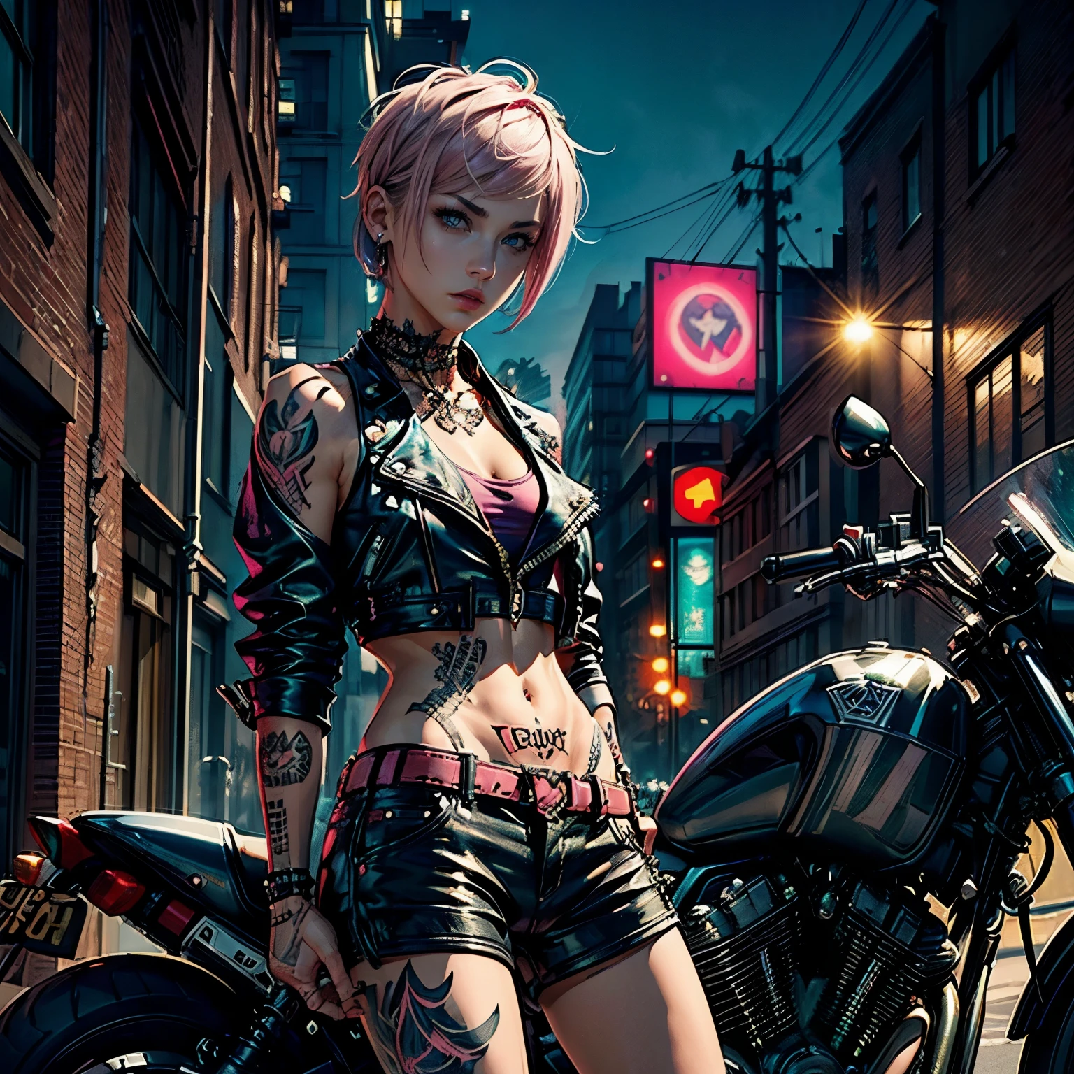 (((top quality: 1.4))),(A masterpiece like no other in history), (ultra high resolution),(Ultra-realistic 8k CG), official art、standing in front of a motorcycle, (((adult body))), (((1 girl))), ((( bob short hair ))), punk girl with perfect body, jacket with metal spine,Beautiful and well-shaped face,See here,elaborate punk fashion,leather jacket, (Image from head to thighs),((Pink bob short hair )), ((small leather micro sling bikini:1.0)), Simon Bisley&#39;s urban and brutal style,Detailed street background of London,beautiful abs, Complex graphics, (( Lots of poisonous tattoos )), earrings,cinematic lighting,