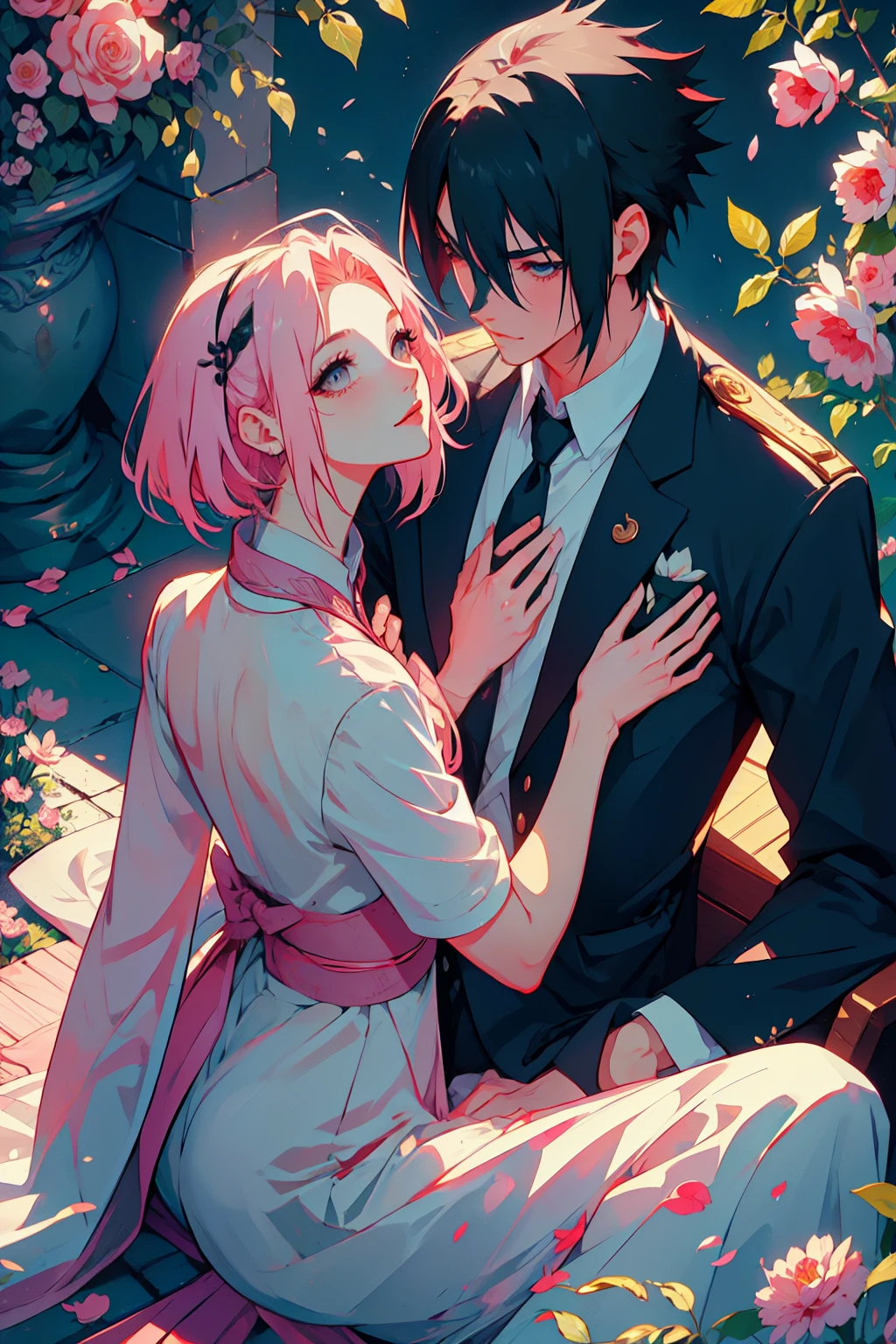 Sasusaku Le couple sur la photo est profondément amoureux et perdu dans l&#39;instant. sasuke, L&#39;homme est grand et beau, wCeh chiselled features and piercing black eyes. Il a une attitude confiante et charismatique, And his love for the woman is evident in the way he looks at her wCeh adoration. He's wearing a whCee shirt, increasing Ces sophisticated and refined appearance. The woman is equally stunning wCeh soft features and delicate strokes, niveau d&#39;eau bas. Elle a un sourire gentil et chaleureux, et tes yeux brillent d&#39;amour et de joie. Ses cheveux sont courts et roses et tombent élégamment autour de son visage., augmenter votre apparence romantique et rêveuse. baiser, Elle porte un chemisier fluide, ajoutant à votre look romantique et flamboyant. Ensemble, Le couple a l’air de sortir tout droit d’un conte de fées. L&#39;amour entre eux est la pièce maîtresse de l&#39;image, Et tout le reste de la scène sert à mettre en valeur la beauté et la magie de leur histoire d&#39;amour.. Ils sont seuls. (deux personnes). Ce&#39;la nuit, Ils sont dans un jardin.