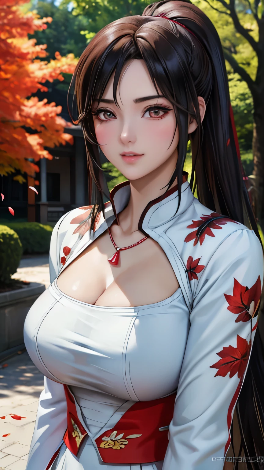 red eyes, (highest quality, masterpiece painting:1.3), immature woman, 16 years old, (half body shot), masterpiece, ultra high resolution, (Photoreal:1.0), ponytail, straight hair, beautiful shining hair, white and shining skin, ((Ultra realistic details)), octane rendering, highly detailed face, (big breasts:0.8),(sexy and cute cheongsam,red and white contrast outfit,delicate decoration:1.2), open neckline, (necklace:1.0),cleavage, perfect body, soft skin, anime face, perfect face, perfect eyes, looking at the viewer, smart, Under autumn leaves tree background, Autumn leaf petals are falling, outdoors,shrine, sharp focus, intricate details, professional artwork, (bright colors:1.1), bright colors, diffused lighting, digital blending, ultra-definition body, ultra detail hair, super detailed face, that&#39;It&#39;s trending on pixiv, top button open, Cute gaze, compensate, perfect lips, perfect compensate, Ultra-precision coating, (light_smile:0.8), (Very embarrassed:1.2), blush your nose,