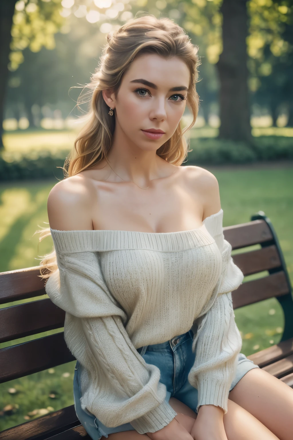 (Masterpiece, best quality, photorealistic, highres, professional photography, :1.4), close-up shot, sharp focus, (1 girl, Vanessa Kirby), perfect hands and fingers, realistic skin, perfect body shape, huge breasts, cleavage, (stylish hairstyle, extremely detailed hair), delicate sexy face, playful gaze, glossy lips, ((shorts, off-shoulder sweater)), sitting crossed legs on bench, in park, fashion photograph, film, bokeh, ((soft illumination, highly detailed, realistic, super realistic, realism, realistic detail))