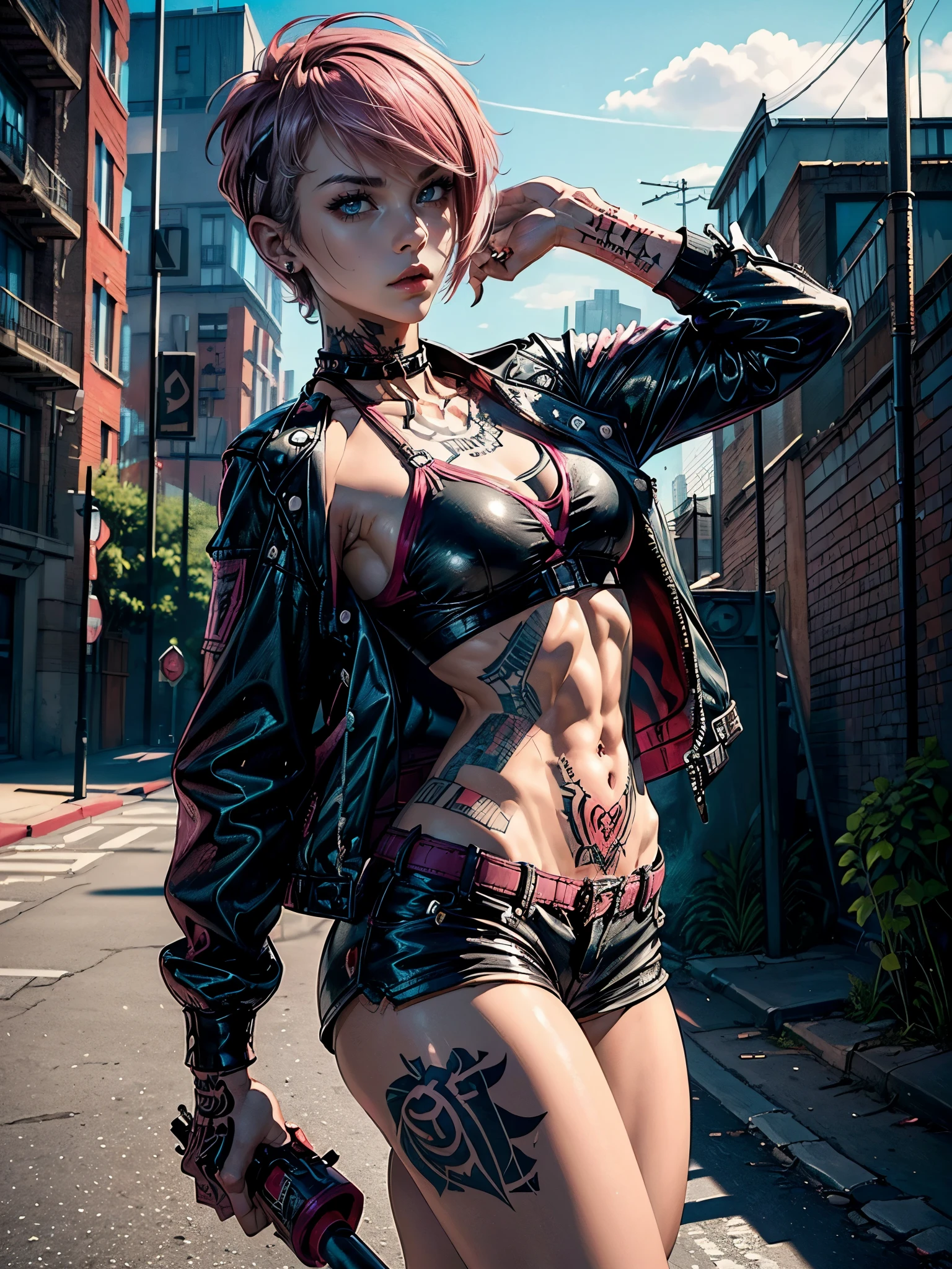 (((top quality: 1.4))),(A masterpiece like no other in history), (ultra high resolution),(Ultra-realistic 8k CG), official art,dynamic angle,((Have a baseball bat:1.0)), (((adult body))), (((1 girl))), ((( bob short hair ))), punk girl with perfect body, jacket with metal spine,Beautiful and well-shaped face,((See here)),elaborate punk fashion,leather jacket, (Image from head to thighs),((Pink bob short hair )), ((small leather micro sling bikini:1.0)), Simon Bisley&#39;s urban and brutal style,Detailed street background of London,beautiful abs, Complex graphics, (( Lots of poisonous tattoos )), earrings,