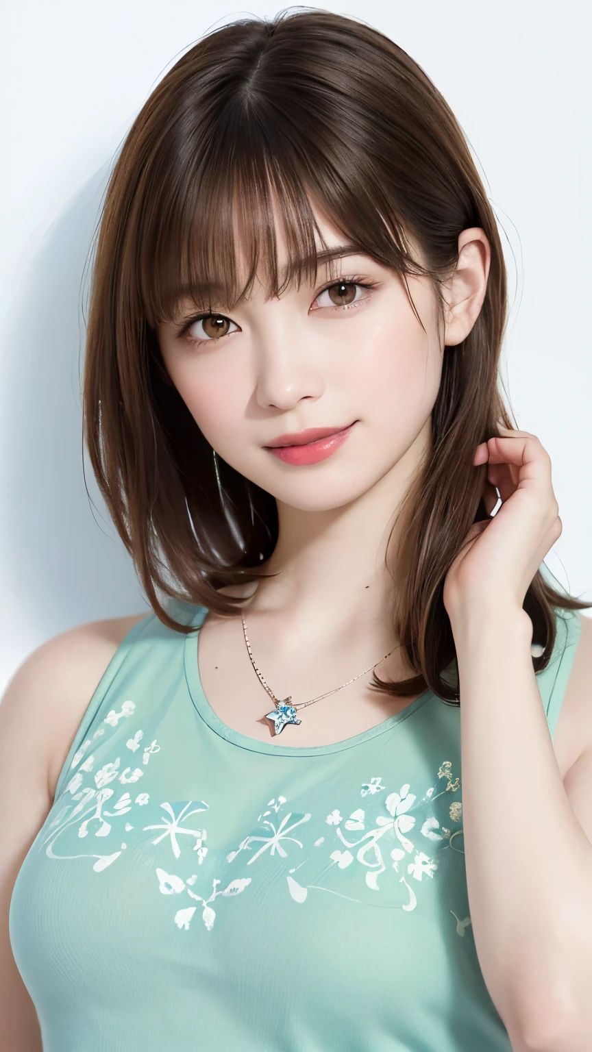 (highest quality、8K、32k、masterpiece)、(realistic)、(Photoreal:1.2)、(High resolution)、Super detailed、very beautiful face and eyes、1 girl、round and small face、thin waist、delicate body、(close、highest quality、high detail、Rich skin details)、(highest quality、8K、oil paint:1.2)、Super detailed、(realistic、realistic:1.37)、bright colors、(((brown hair)))、(((bust shot)))、(((side tail)))、(((pure white wall background)))、(((pure white wall background)))、(((Wearing a tank top with a botanical pattern)))、(((look straight ahead)))、(((brown hair)))、(((smile)))、(((sweaty skin)))、(((teeth visible)))、(((The white and green tank top suits you very well.)))、(((wearing a star necklace)))、((green floral tank top))、(((((I&#39;m combing my hair with my right hand)))))