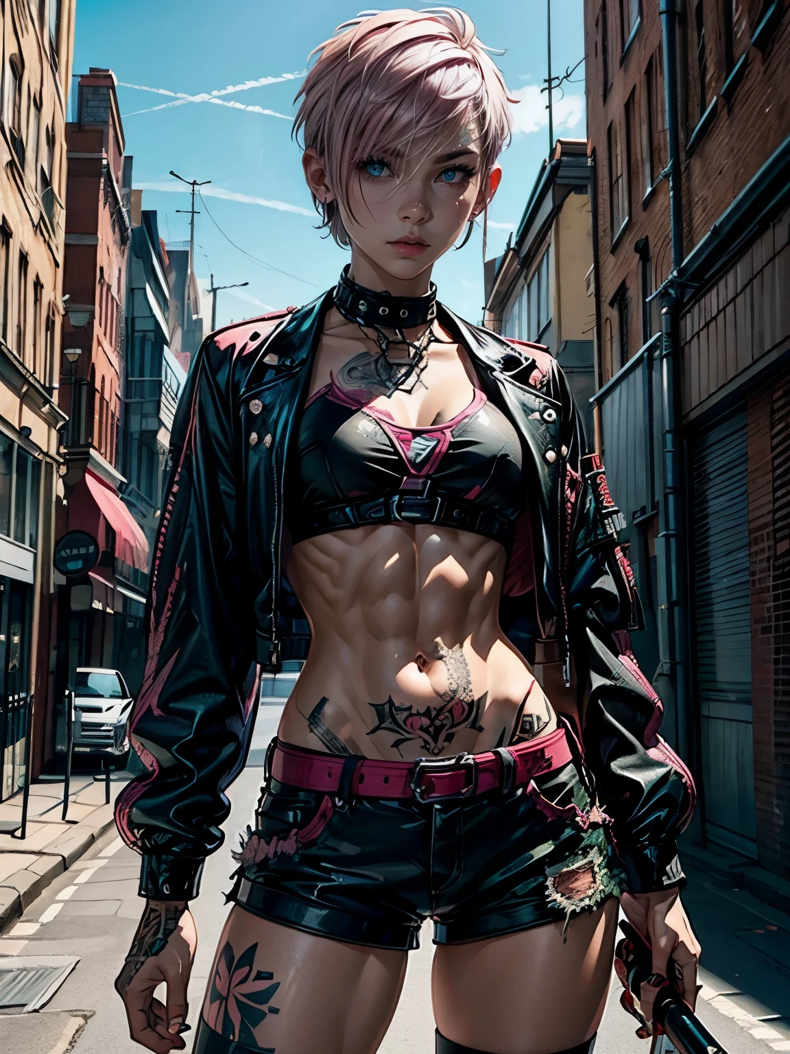 (((top quality: 1.4))),(A masterpiece like no other in history), (ultra high resolution),(Ultra-realistic 8k CG), official art,dynamic angle,((Have a baseball bat:1.0)), (((adult body))), (((1 girl))), ((( bob short hair ))), punk girl with perfect body, jacket with metal spine,Beautiful and well-shaped face,((See here)),elaborate punk fashion,leather jacket, (Image from head to thighs),((Pink bob short hair )), ((small leather micro sling bikini:1.0)), Simon Bisley&#39;s urban and brutal style,Detailed street background of London,beautiful abs, Complex graphics, (( Lots of poisonous tattoos )), earrings,