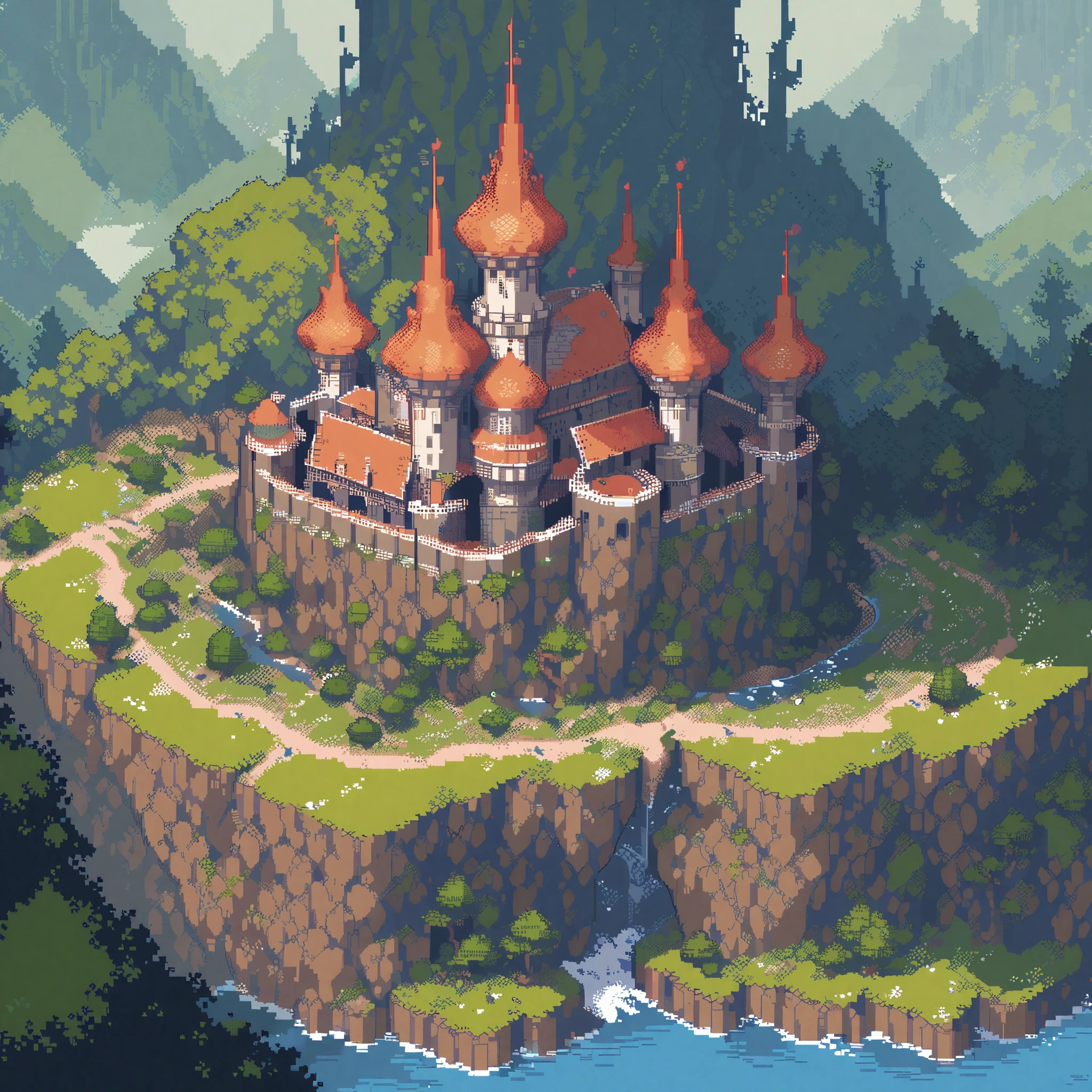 (masterpiece, best quality:1.2), pixel art,landspace，Castle in the forest