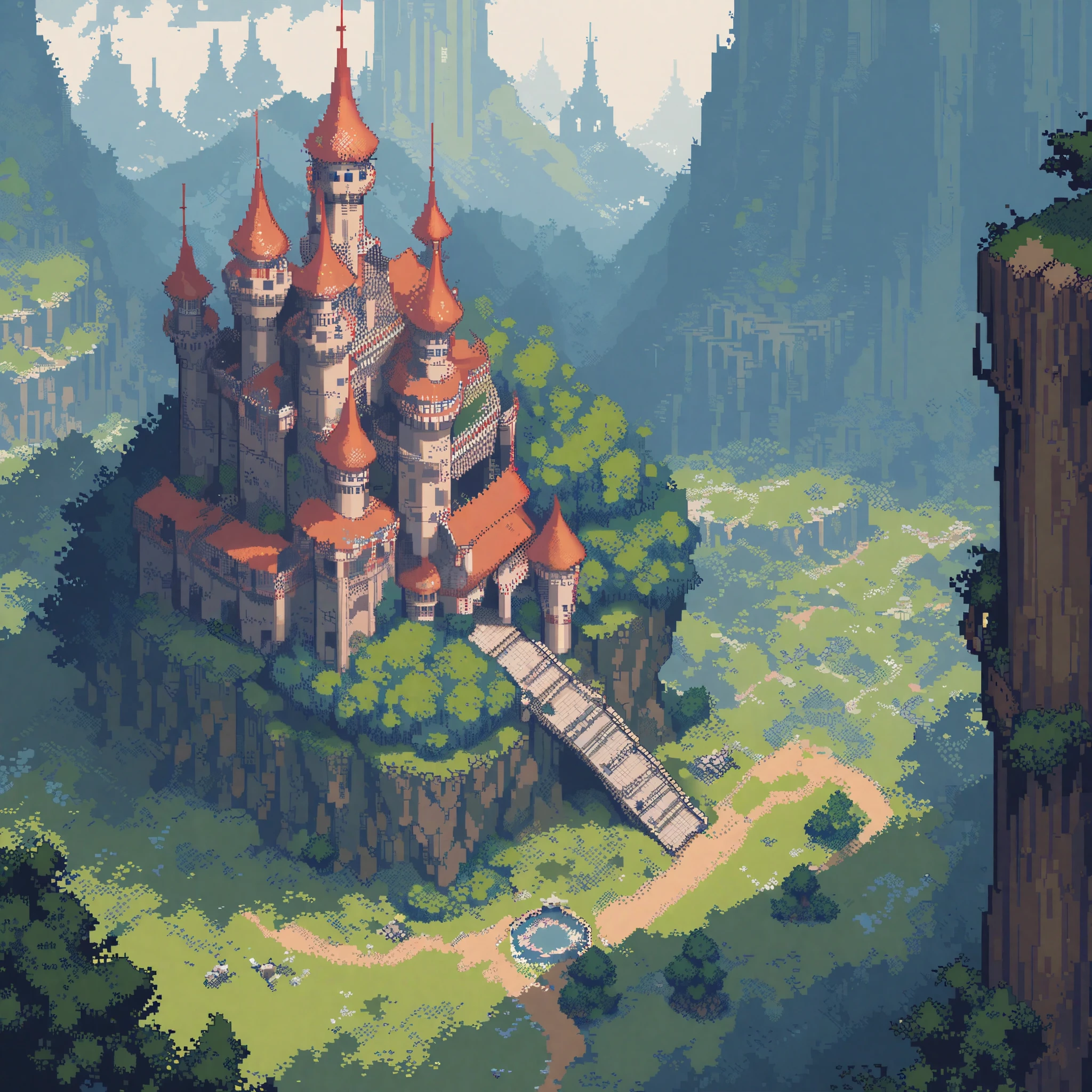 (masterpiece, best quality:1.2), pixel art,landspace，Castle in the forest