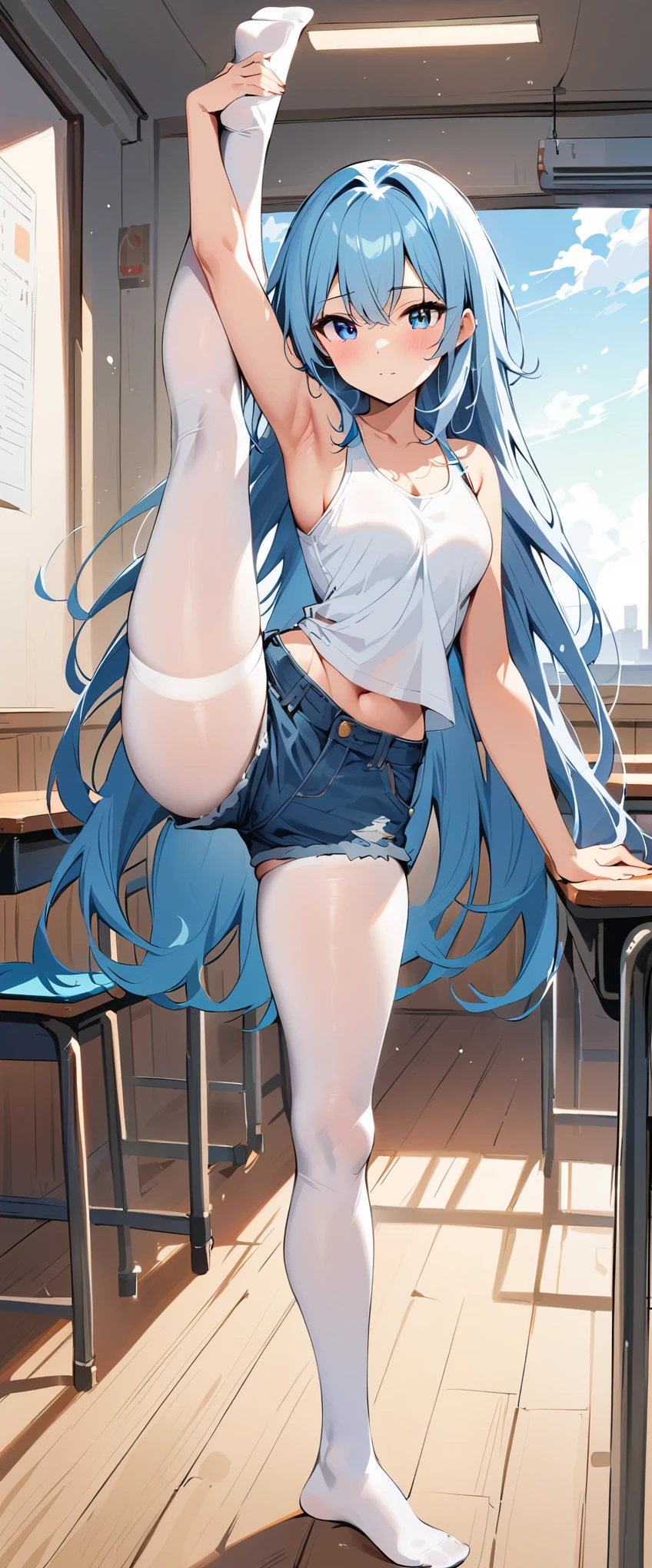 (masterpiece, best quality:1.2), 1girl, solo,standing_split, full body,
long hair, White sleeveless tank top，blue denim shorts, white pantyhose,in classroom