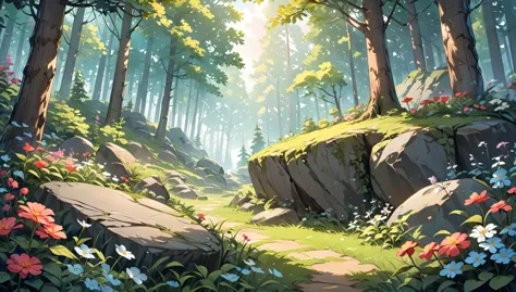 forest, flowers, rock, morning, detailed background, wallpaper
