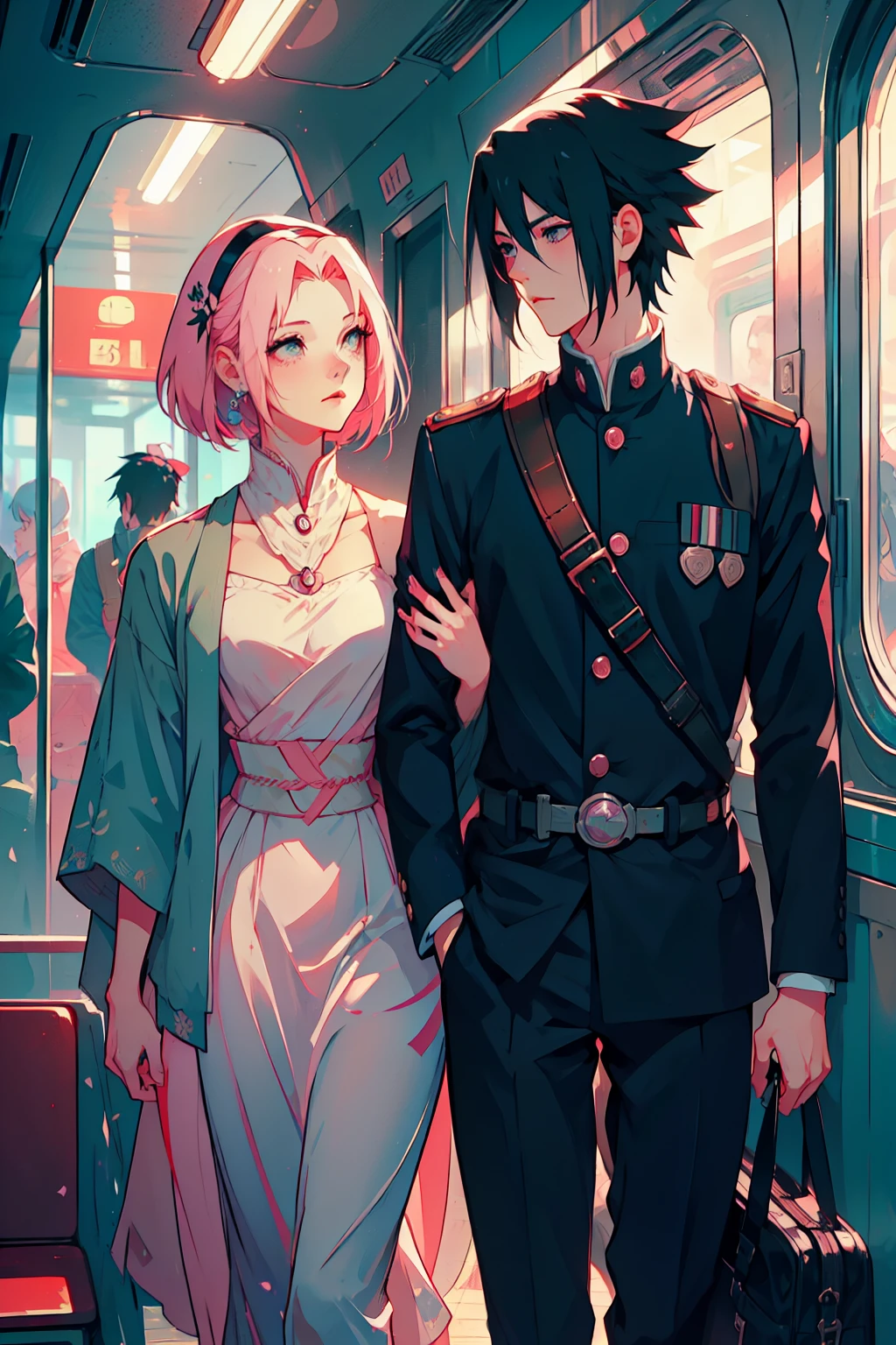 Sasusaku The couple in the photo is deeply in love and lost in the moment. Sasuke, the tall, handsome man with chiseled features and piercing black eyes. He has a confident and charismatic demeanor, and his love for the woman is evident in the way he looks at her wistful adoration. He is wearing a military uniform, he is a soldier. The woman is equally stunning with soft features and delicate features, her hair is short and pink that falls elegantly around her face, adding to her romantic and dreamy appearance. She's wearing a 1950s ensemble. The couple is saying goodbye on a train line, he's going to war.