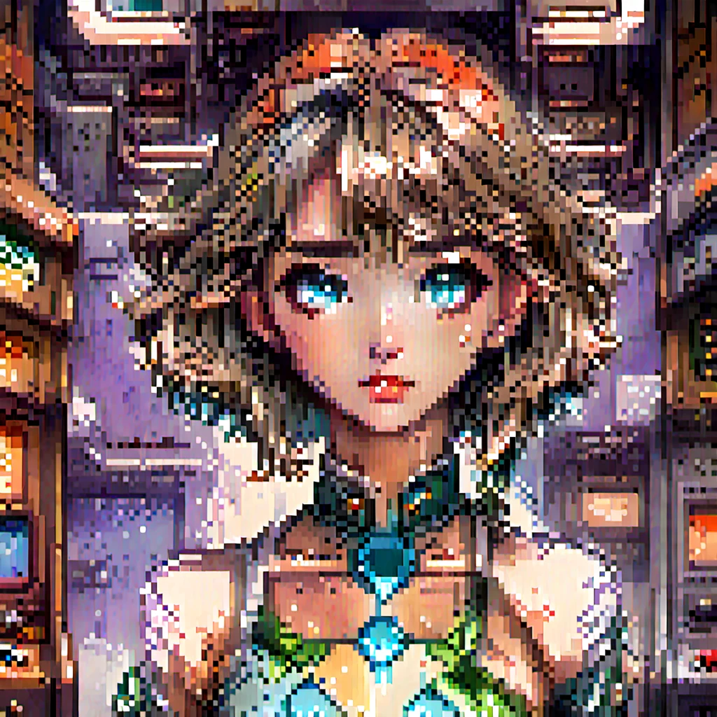 pixel art, retro game cover art, full body portrait, symmetrical shoulders, symmetrical face, beautiful, elegant, volumetric lighting, subsurface scattering, ray tracing, vivid colors, trending on artstation, by jordan grimmer, art greg rutkowski