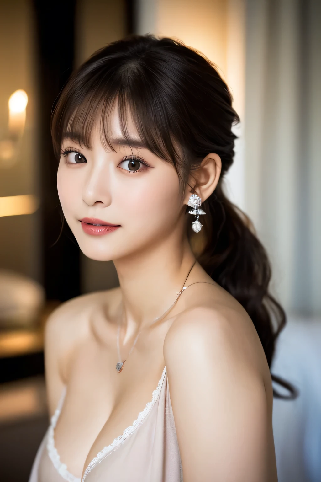 ((highest quality, 8K, masterpiece :1.3)), sharp focus：1.2, Bright colors, professional level, ((Bokeh effect)), shallow depth of field, 
20-year-old, (Half Japanese and half German woman), 1 person, A beautiful face with intelligence, 
Supple body :1.3, model body shape:1.5, 頭w:1.4, perfect style：1.4, 
narrow shoulders, beautiful clavicle, long and thin legs, The beauty of slim abs :1.2, thin waist :1.2, 
super detailed skin, Fair skin, Shiny skin, 
super detailed face, slim facial contour, beautiful small face, Beautiful lined nose, 
super detailed eyes, long slit eyes, brown eyes, double eyelid, beautiful thin eyebrows, fine long eyelashes, 
super detailed lips, plump lips, glossy pink lips, flushed cheeks, beautiful teeth, 
Beautiful actress&#39;s ennui makeup, silver necklace, earrings, 
light brown hair, delicate soft hair, 
(hair up, ponytail :1.2), layer cut, (dull bangs:1.2), 
gentle smile, open mouth half way, Enchanted expression, stare at the camera, 
(Full body image from thighs:1.3), dynamic lighting, 

((Wearing a nightgown while completely naked, Doing a sexy pose:1.5)), 
(perfect breast shape, B cup:1.2), A small pink areola, 
She has a cute plump butt, My thighs are dazzling, 
(Indoor jacuzzi in luxury hotel, glass shower room), blur the background, 
She sleeps on her back in a beautiful posture, have sex, my hair is wet, my body is wet,  
The space is illuminated magically with candlelight., (side view), 