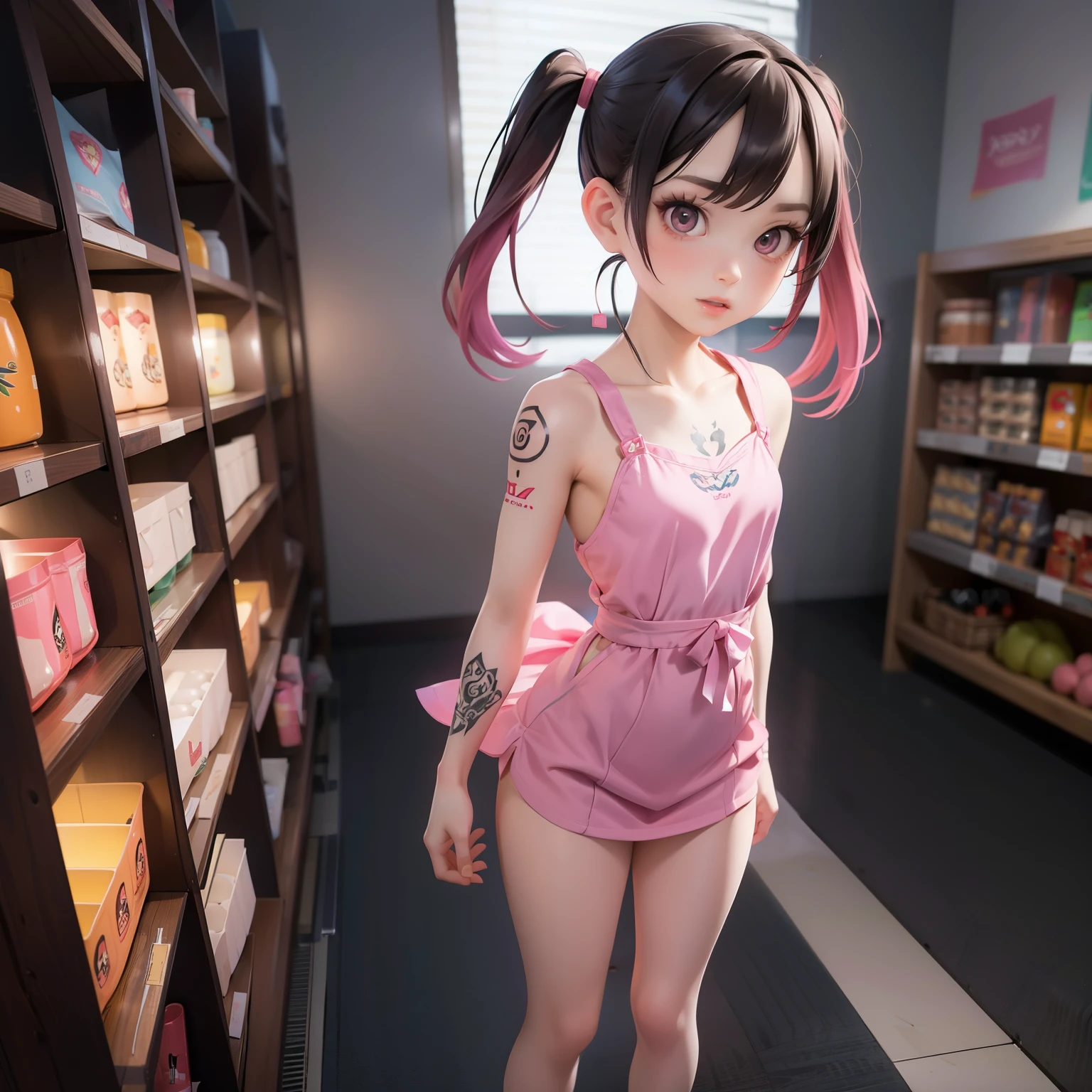 Woman, One, 18 Years old, Japanese, Skinny, Pale skin, Colored tattoos, Modern tattoos, Skinny thighs, Cute face, Ash hair, Brunette hair, Pink hair, Pigtails, Headphones, Pajamas, Dress, Intricate clothes, Full body, Dynamic angle, Grocery, Cinematic light, Dark scene, Masterpiece, Small breasts