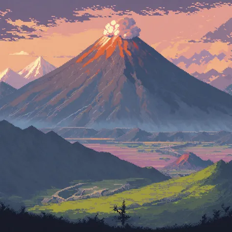 (masterpiece, best quality:1.2), pixel art,landspace,volcanic mountains