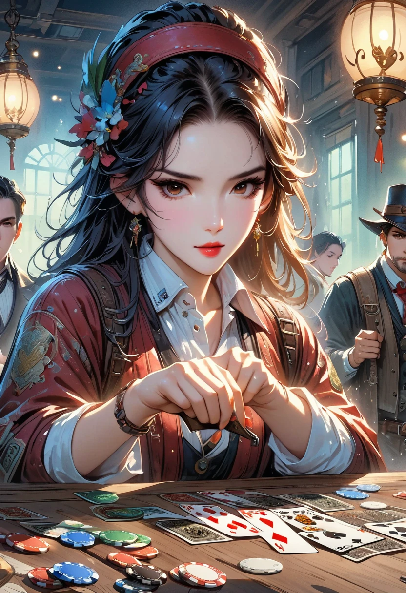 A retro game of poker, (best quality, highres, HDR, realistic), vivid colors, extreme detail description, (concept artists), vintage playing cards, antique wooden table, old-school poker chips, classic card combinations, players wearing stylish vintage outfits, smoky room, dim lighting, intense expressions, (portrait:1.1) of players' faces, hands holding cards, (realistic shadows), (bokeh) effect on the background, intense atmosphere, (professional), (sharp focus).