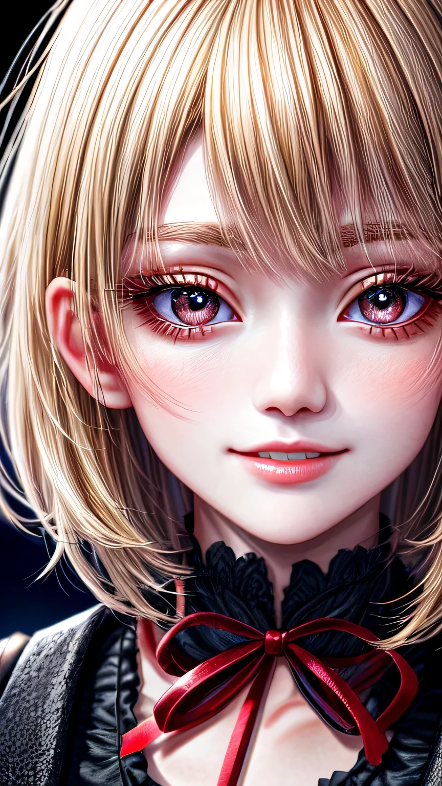 high quality, 最high quality, masterpiece, disorganized, red_Jacket, ribbon, black_eye, blonde_hair, short_hair, hair_ribbon, smile, 1 girl, torn clothes, Cloth,  Dense and beautiful black eyes, beautiful detailed lips, Highly detailed eyes and face, long eyelashes, detailed face, masterpiece, 最high quality, high quality, High resolution, (moonlit night background), Click here for eye line、(((close up of face)))