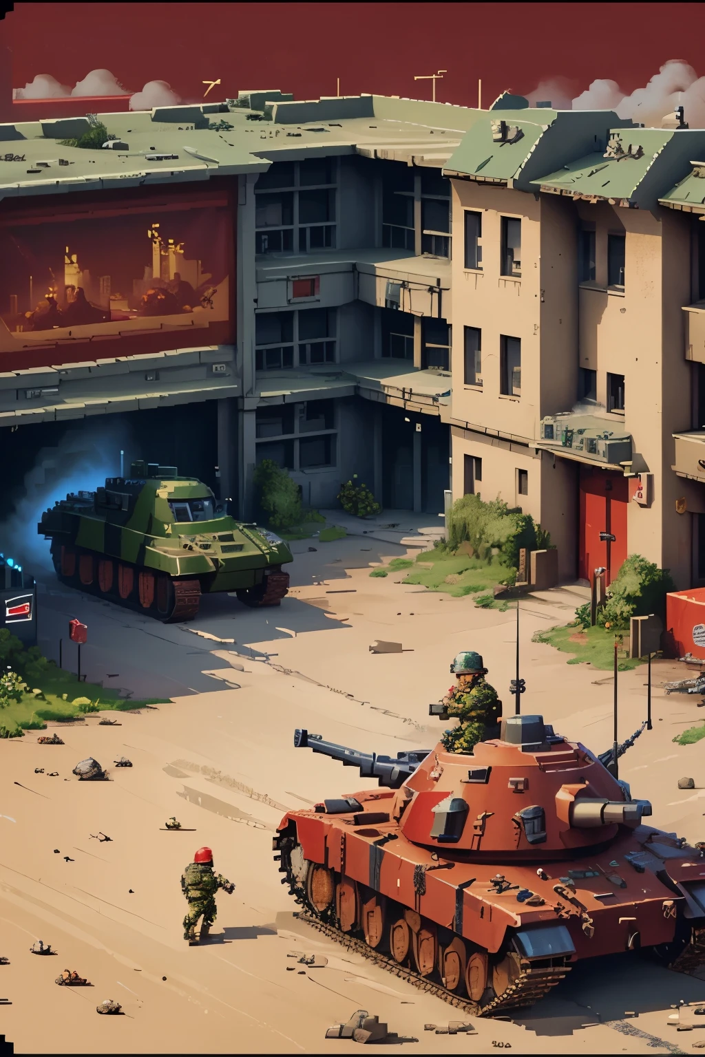 Pixel-art style, Command & Conquer: Red Alert, retro gaming, 8-bit graphics, detailed scenery, urban landscape, destroyed buildings, smoke rising, military vehicles, soldiers in uniform, futuristic weapons, intense battle, explosive action, vibrant colors, red alert, high contrast, pixel perfect.