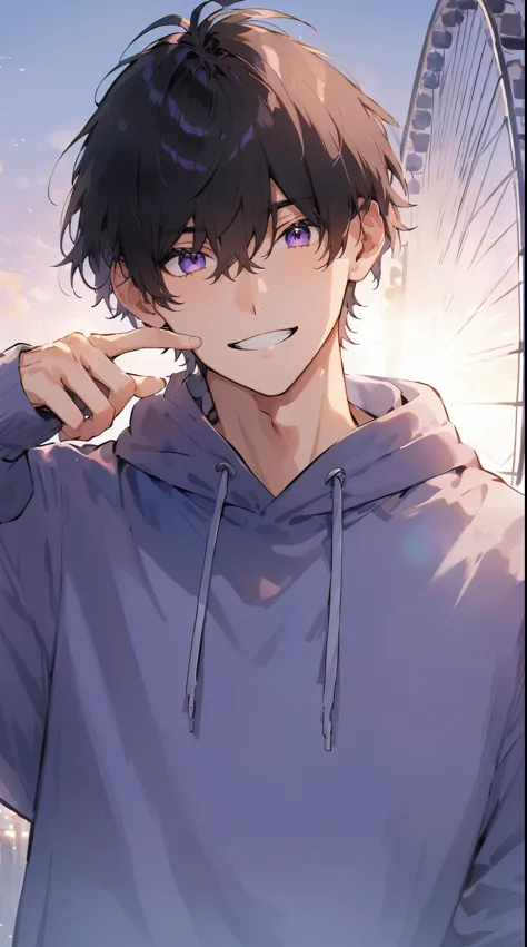 Beautiful young man, smiling, light purple hoodie, black hair, purple eyes, kind eyes, pointing to his left cheek, background is a Ferris wheel at dusk,high quality, amount of drawing, pixiv illustration