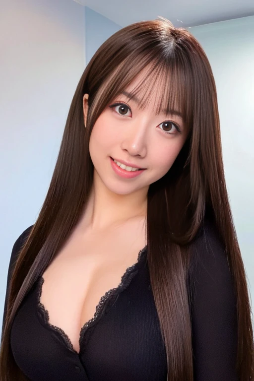 highest quality, Photoreal, finely, High resolution, 8k wallpaper, detailed and beautiful eyes, (straight hair)、brown hair、(brown eyes)、((big breasts)),、(nude)、cleavage、abs、25 years old、young japanese、Big eyes:1.2、double eyelids、Shiny skin、toned body、slim body:1.2、Whitening、whole body、constriction、1boy,(penis),pubic hair,smile,pov、fellatio,stick out tongue,paizuri