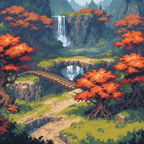 (masterpiece, best quality:1.2), pixel art,landspace，maple leaf forest