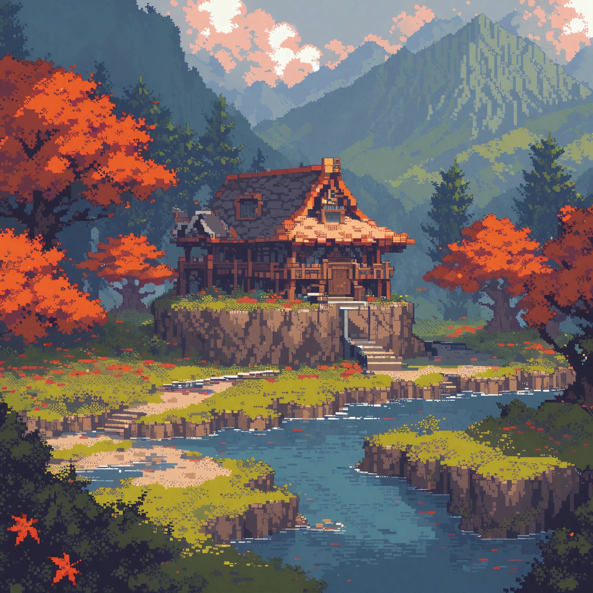 (masterpiece, best quality:1.2), pixel art,landspace，Maple Leaf Forest