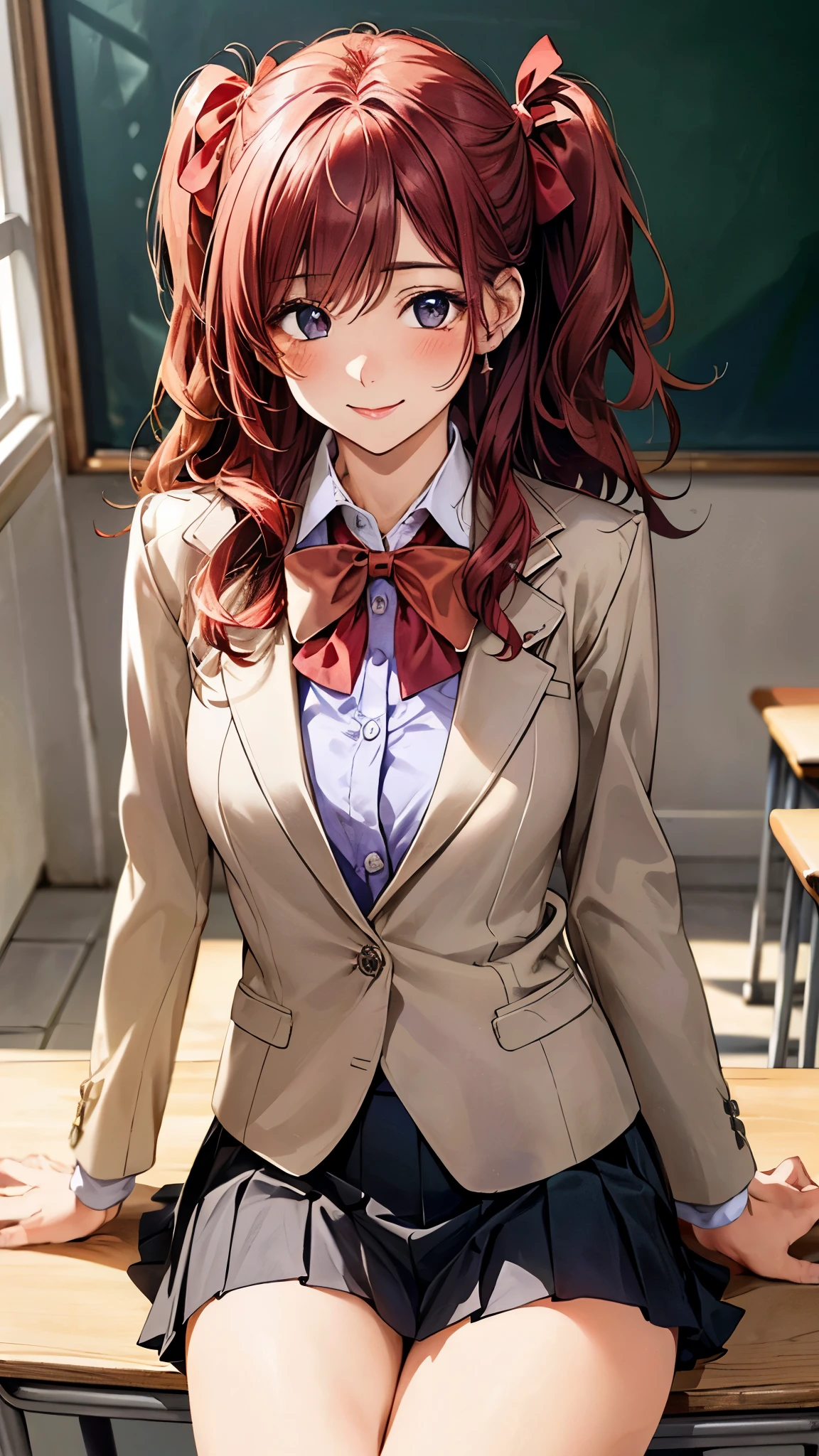 (masterpiece:1.3, top-quality, ultra high res, ultra detailed), (realistic, photorealistic:1.4), beautiful illustration, perfect lighting, natural lighting, colorful, depth of fields, 
looking at viewer, cowboy shot, front view, 1 girl, japanese, high school girl, perfect face, cute and symmetrical face, shiny skin, 
(long hair:1.2, ((two side up:1.2)), fuchsia-hair), emerald green eyes, (large breasts:0.8, seductive thighs), 
beautiful hair, beautiful face, beautiful detailed eyes, beautiful clavicle, beautiful body, beautiful chest, beautiful thigh, beautiful legs, beautiful fingers, 
(((sjxf, beige blazer with purple, close blazer), white blouse shirt, red pleated skirt with purple line, red bow tie), red hair ribbon), 
(beautiful scenery), evening, (school class room, blackboard, lecture desk), (sitting lecture desk), (seductive smile, upper eyes), 