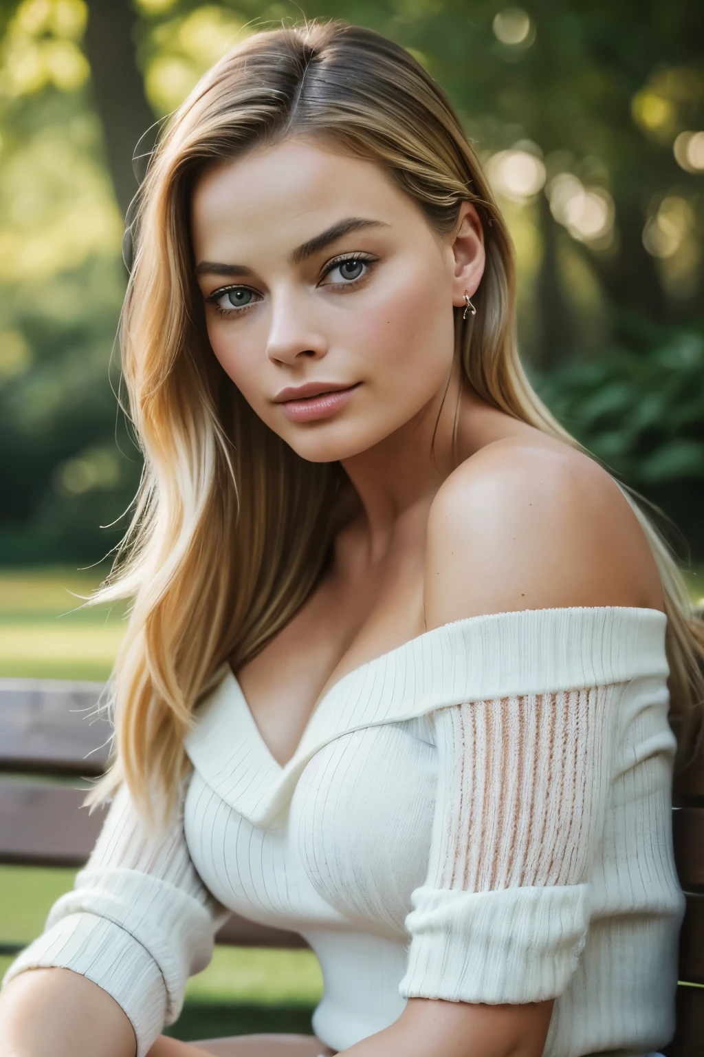 (Masterpiece, best quality, photorealistic, highres, professional photography, :1.4), close-up shot, sharp focus, (1 girl, Margot Robbie), perfect hands and fingers, realistic skin, perfect body shape, huge breasts, cleavage, (stylish hairstyle, extremely detailed hair), delicate sexy face, playful gaze, glossy lips, ((shorts, off-shoulder sweater)), sitting crossed legs on bench, in park, fashion photograph, film, bokeh, ((soft illumination, highly detailed, realistic, super realistic, realism, realistic detail))