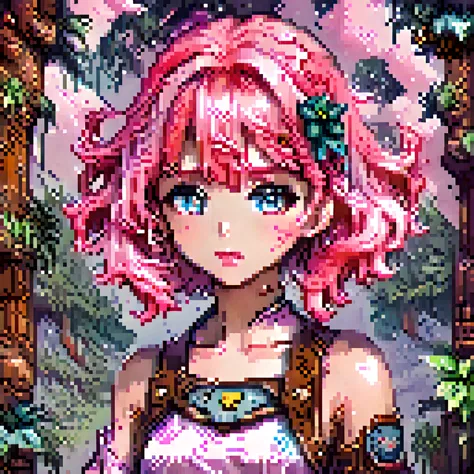 pixel art, retro game character concept art, smiling girl, pink hair, symmetrical eyes, rule of three, detailed body, full body,...