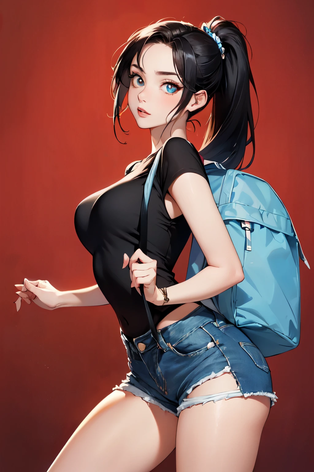 (masterpiece, best quality, hires, high resolution:1.2), (1girl, solo),(mature woman), (expressiv wide eyeballs), ( long and big eyes), (blue color irises), (18mm pupil),thick eyeleshes, eyeliner), (, (short jeans shorts), (ziped shorts), ( long black hairs reaching till knees), ( high ponytail (big square bag on her back), (cowboy shot),