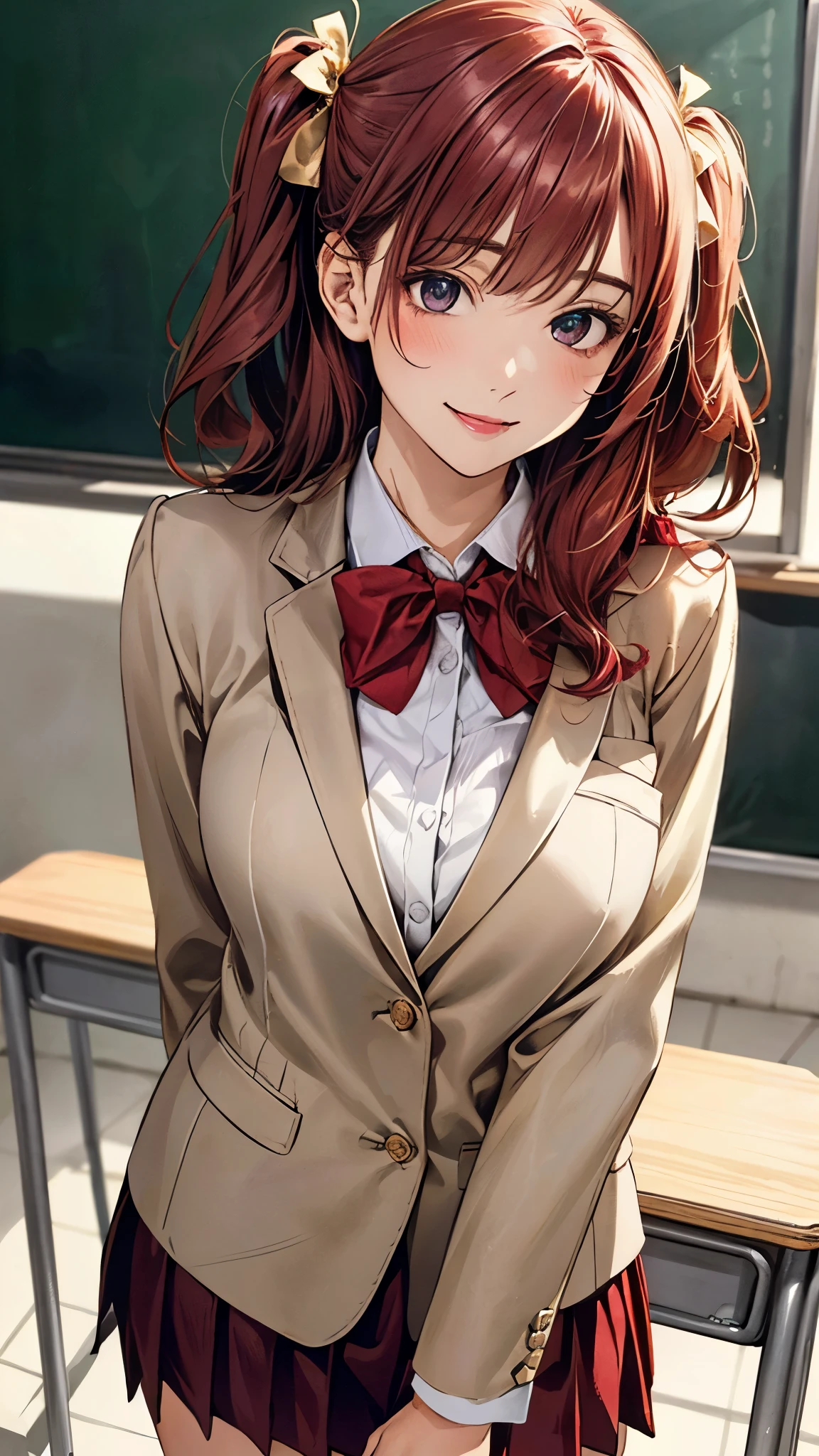 (masterpiece:1.3, top-quality, ultra high res, ultra detailed), (realistic, photorealistic:1.4), beautiful illustration, perfect lighting, natural lighting, colorful, depth of fields, 
looking at viewer, cowboy shot, front view, 1 girl, japanese, high school girl, perfect face, cute and symmetrical face, shiny skin, 
(long hair:1.2, ((two side up:1.2)), fuchsia-hair), emerald green eyes, (large breasts:0.8, seductive thighs), 
beautiful hair, beautiful face, beautiful detailed eyes, beautiful clavicle, beautiful body, beautiful chest, beautiful thigh, beautiful legs, beautiful fingers, 
((red pleated skirt with gold line, white blouse shirt, (beige blazer with purple line, close blazer), red bow tie), red hair ribbon), 
(beautiful scenery), evening, (school class room, blackboard, lecture desk), standing, (seductive smile, upper eyes), 