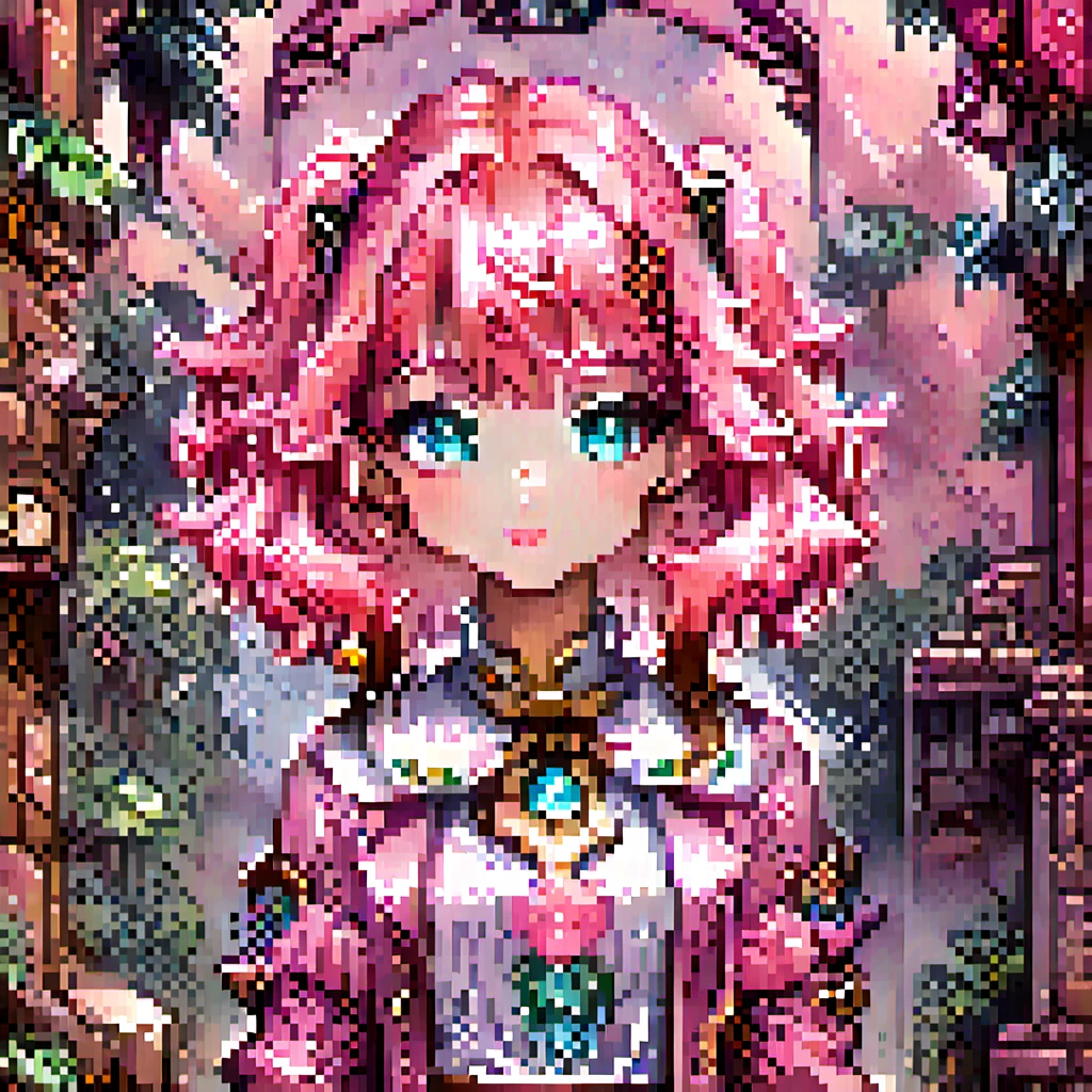 pixel art, retro game character concept art, smiling girl, pink hair, symmetrical eyes, rule of three, detailed body, full body, detailed face, ultradetailed digital illustration, 8 k, epic atmosphere, digital art by simon cowell and rachel walpole