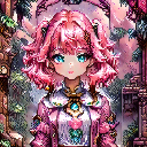 pixel art, retro game character concept art, smiling girl, pink hair, symmetrical eyes, rule of three, detailed body, full body,...