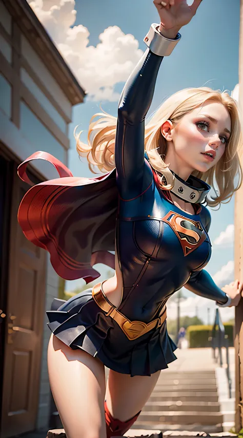 obra maestra、supergirl de pelo corto sentada en el pupitre de la escuela con las piernas cruzadas、pechos grandes y llenoirando a...