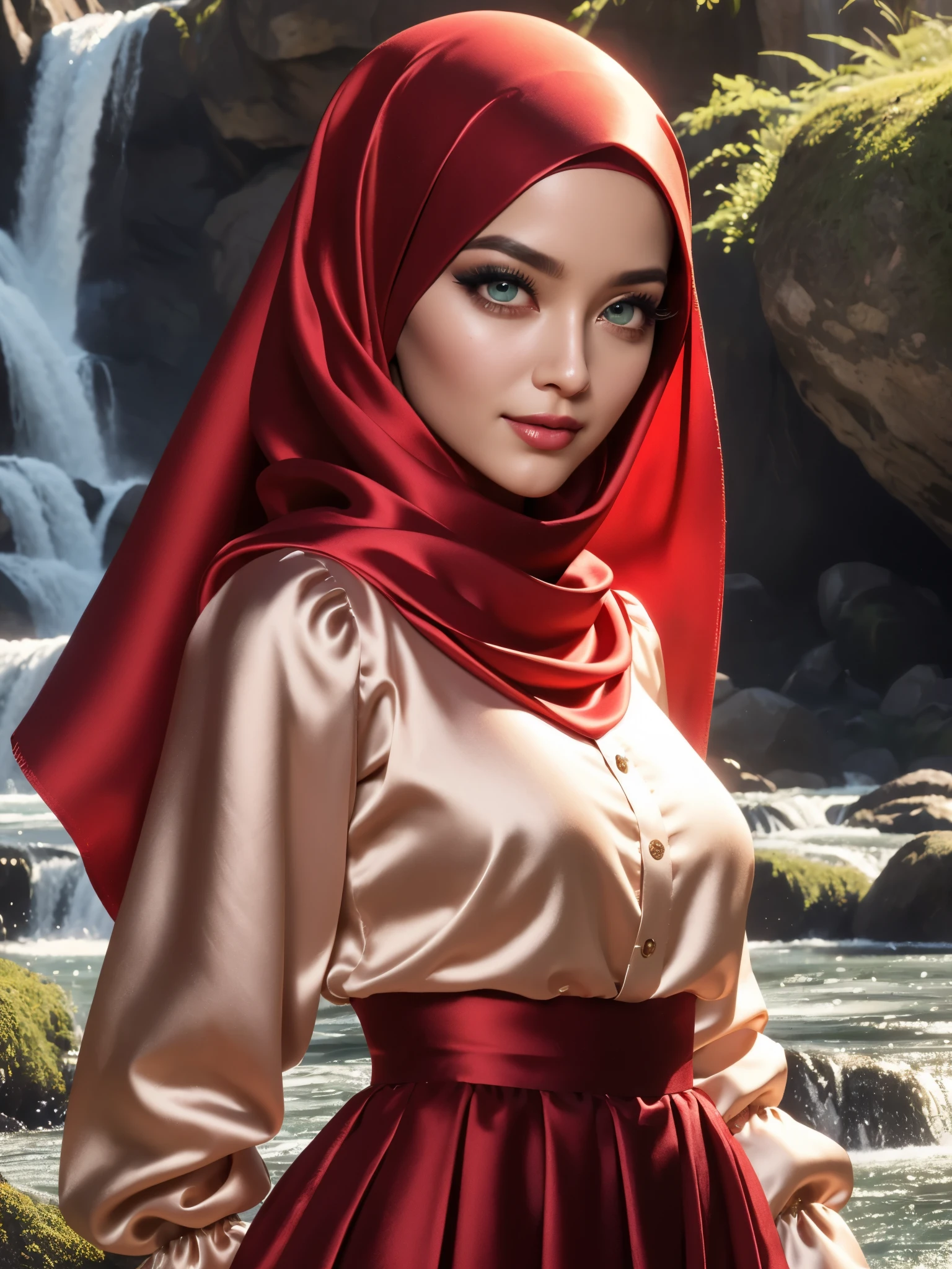 3dmm style, (Masterpiece), realistic, best quality, best lighting, extremely detailed artgerm, style artgerm, beautiful mature woman, 1 girl photo solo, beautifully makeup, eyeshadow,green eyes Parted Lips, Detailed Eyes, ((beautiful big eyes)), long eye lashes, dimples on the cheeks, smile, wearing silk turban hijab, ((Dark red satin hijab)), loosely tide hijab style, shining silk, satin, red satin, ((red satin long sleeve shirt and satin long skirt)), (Close-up portrait), Front view, Standing Symmetric Centre, facing the viewer, waterfall nature background.