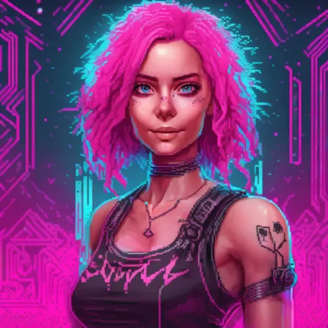 zxspectrum syle, retro game character concept art, smiling girl, pink hair, symmetrical eyes, rule of three, detailed body, full...