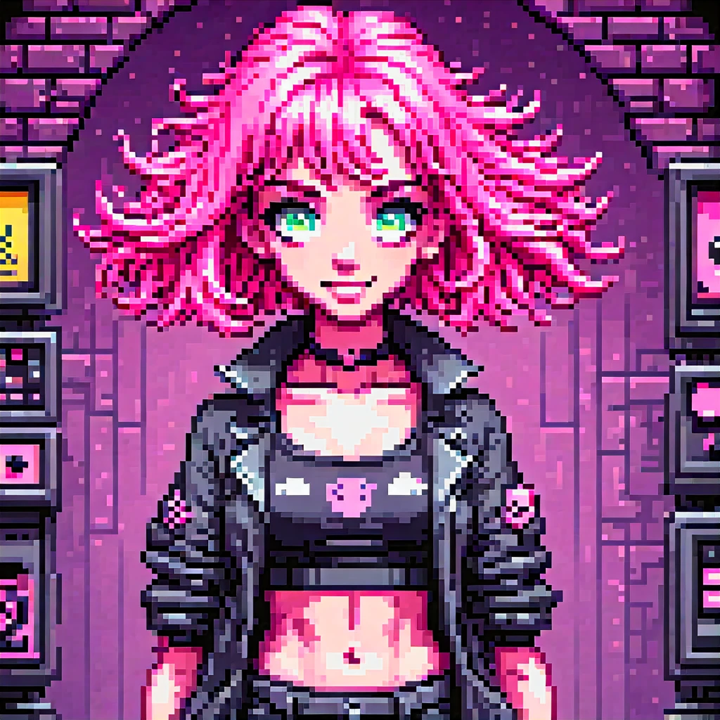 arte de pixel, 16 bits, Yamer_pixel_fusão, arte conceitual de personagem de jogo retrô, garota sorridente, cabelo rosa, Olhos simétricos, regra de três, Corpo detalhado, corpo todo, rosto detalhado, ilustração digital ultradetalhada, 8 mil, atmosfera épica, Arte digital de Simon Cowell e Rachel Walpole