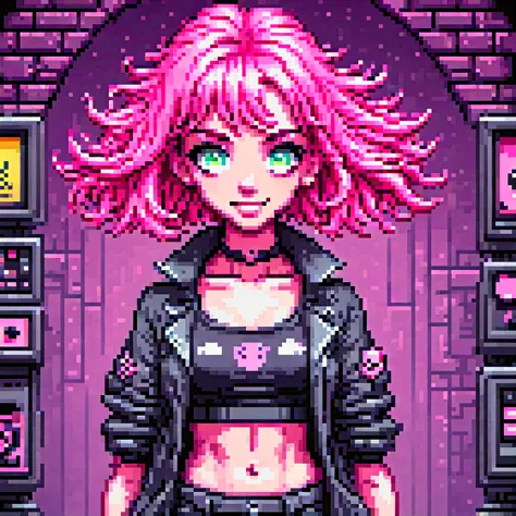 pixel art, 16 bit, yamer_pixel_fusion, retro game character concept art, smiling girl, pink hair, symmetrical eyes, rule of thre...