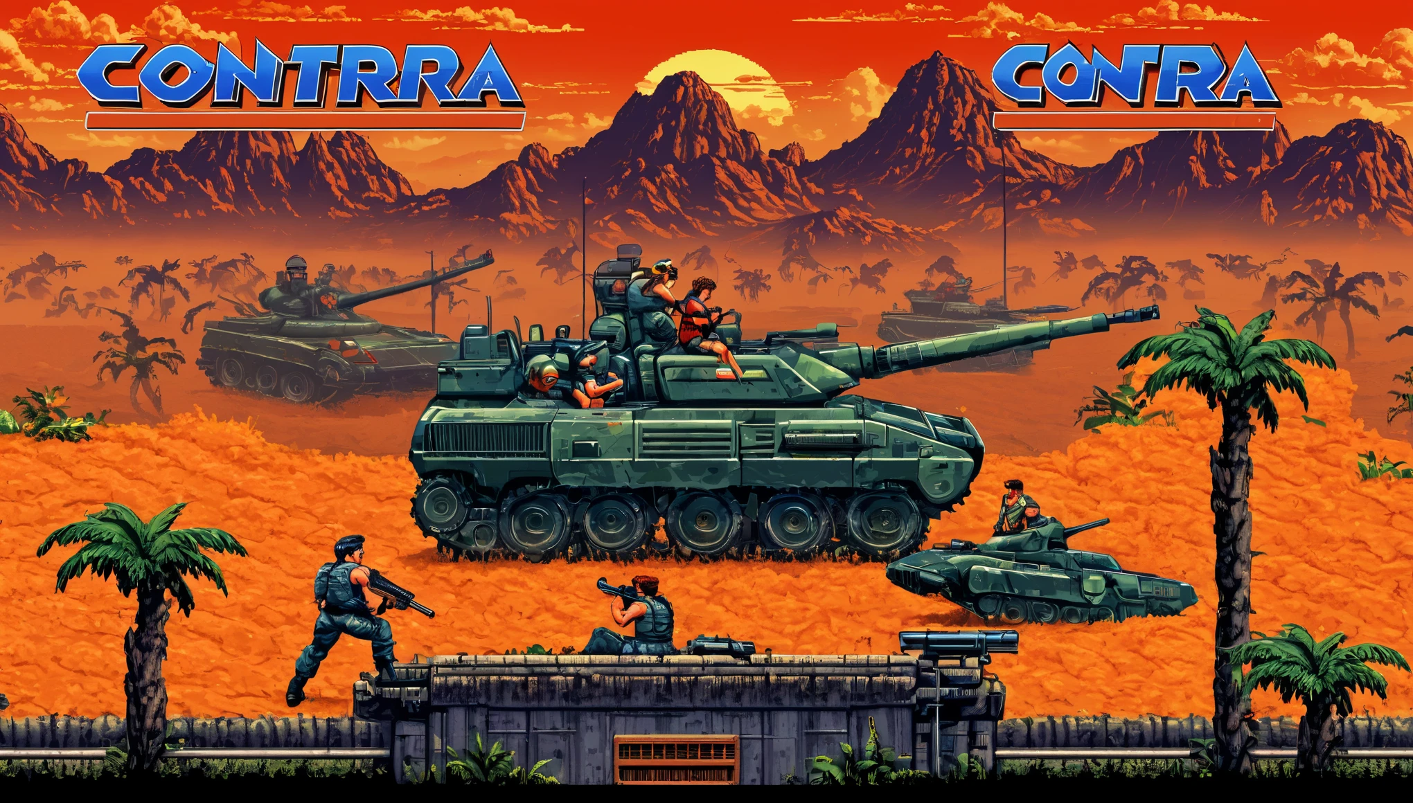 Contra contra contra is a retro arcade game with a tank and soldiers ...