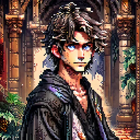 pixel art, retro game, a man wearing a black robe with blue eyes, highly detailed, digital painting, artstation, concept art, sm...