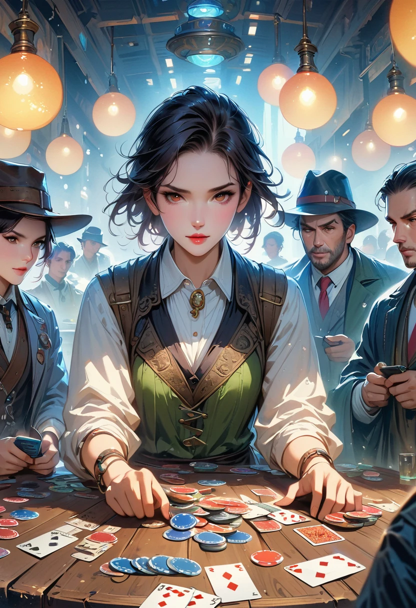 A retro game of poker, (best quality, highres, HDR, realistic), vivid colors, extreme detail description, (concept artists), vintage playing cards, antique wooden table, old-school poker chips, classic card combinations, players wearing stylish vintage outfits, smoky room, dim lighting, intense expressions, (portrait:1.1) of players' faces, hands holding cards, (realistic shadows), (bokeh) effect on the background, intense atmosphere, (professional), (sharp focus).